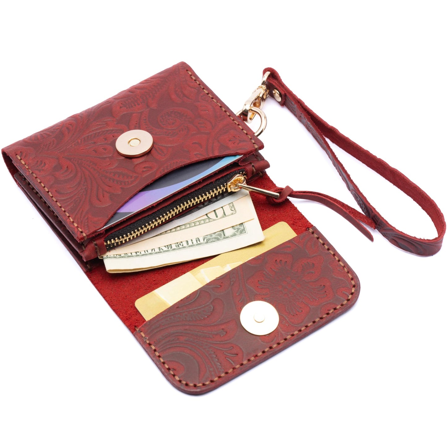 HOTToros Craft Handmade Leather Wallets for Women, Western Wristlet Wallets, Floral Leather Small Credit Card Holder with Zipper, Minimalist & Cute Coin Pouch, Genuine Leather, Camel