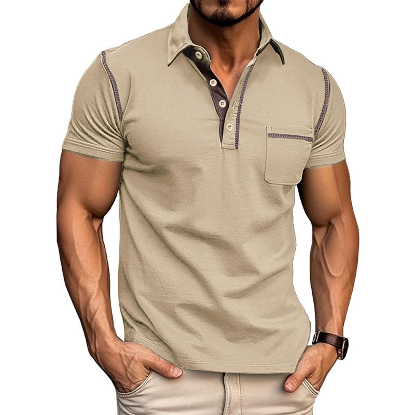 HOTMen's Fashion Polo Shirts Classic Short Sleeve Lightweight Button Cotton T-Shirt Casual Golf Tee Tops with Pocket