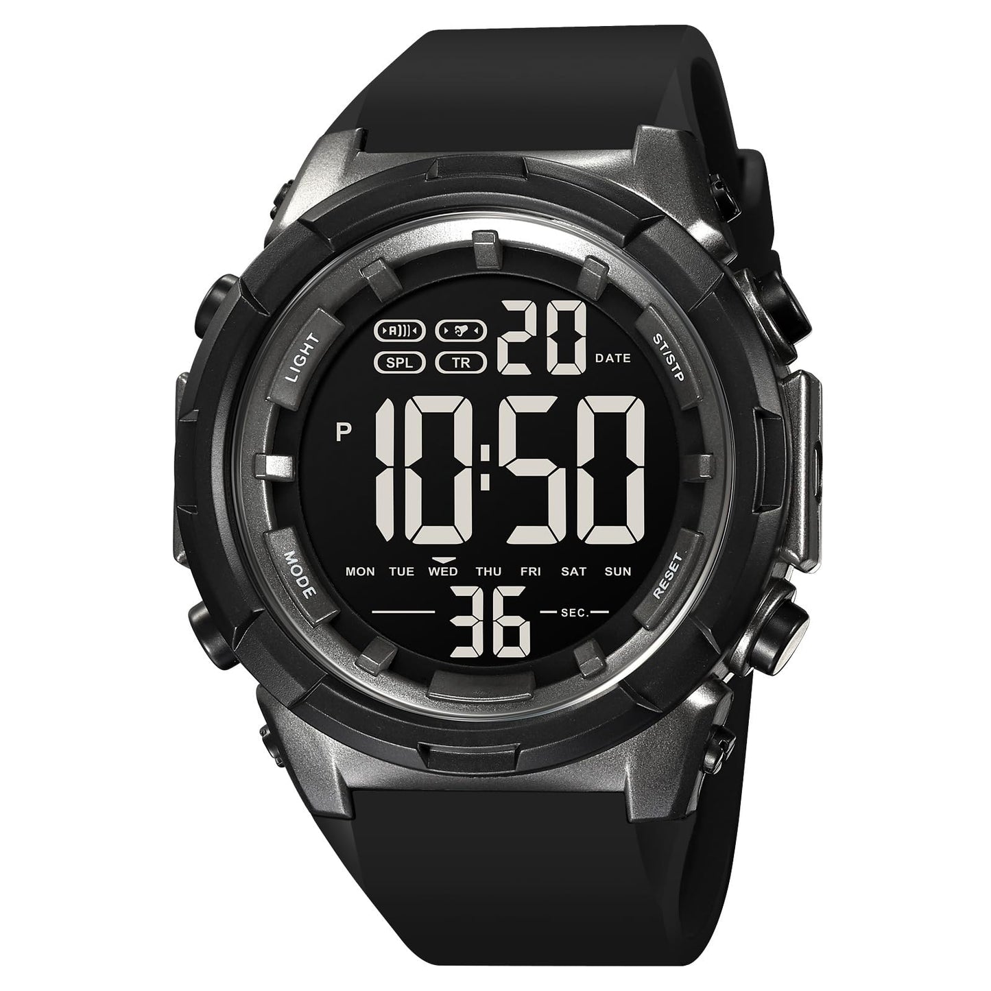 HOTXCZAP Men's Black Sports Watch - Large Face Chronograph Military Wristwatch with Luminous Hands, Waterproof Casual Silicone Strap for Outdoor and Daily Use - Gift for Men