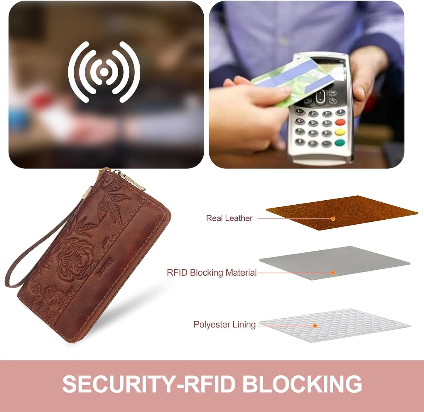 HOTReal Leather Womens Wallet,RFID Blocking Long Wallet For Women Large Capacity Embossed Flowers Wallet Wristlet With Card Holder Zip Coin Pocket(embossed brown)