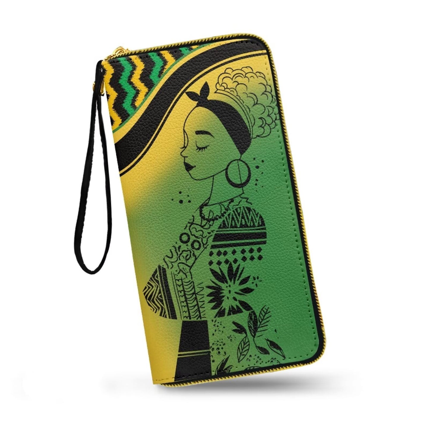 HOTHawaii Totem Flowers PU Leather Ladies Wallet Wristlet, Tropical Hawaiian Tiki Art Zip Around Wallets for Women, Brown Large Capacity Card Holder Organizer