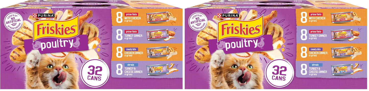 HOTPurina Friskies Gravy Wet Cat Food Variety Pack, Poultry Shreds, Meaty Bits and Prime Filets - (Pack of 32) 5.5 oz. Cans