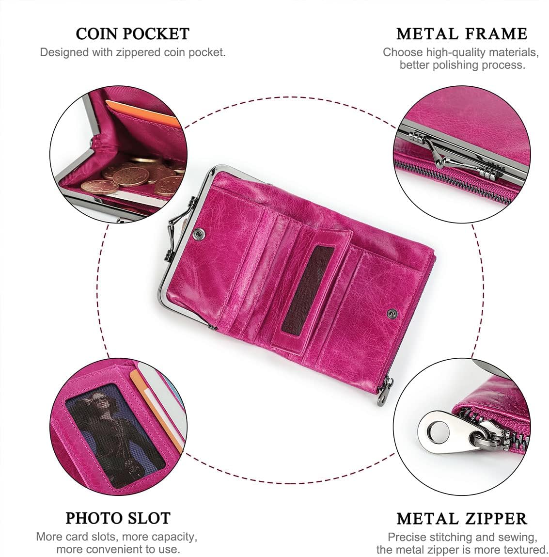 HOTCONTACTS Full Grain Leather Kiss Lock Wallet for Women Small Coin Purse Zipper Bifold Kiss Clasp Rfid Wallet Vintage Card Holder with Photo Window (Rose Red)