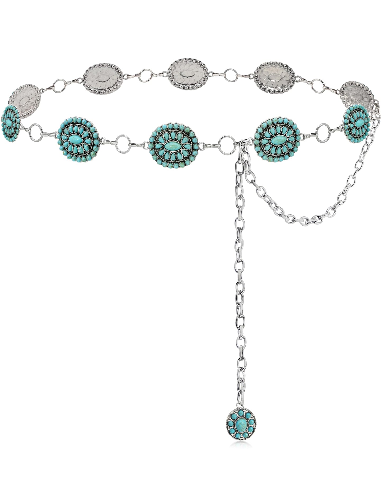 HOTTurquoise Chain Belt for Women, Western Cowgirl Concho Belt | Turquoise Concho Accents with Silver Chains for Western, Cowgirl, Rodeo, Festival and Denim Looks
