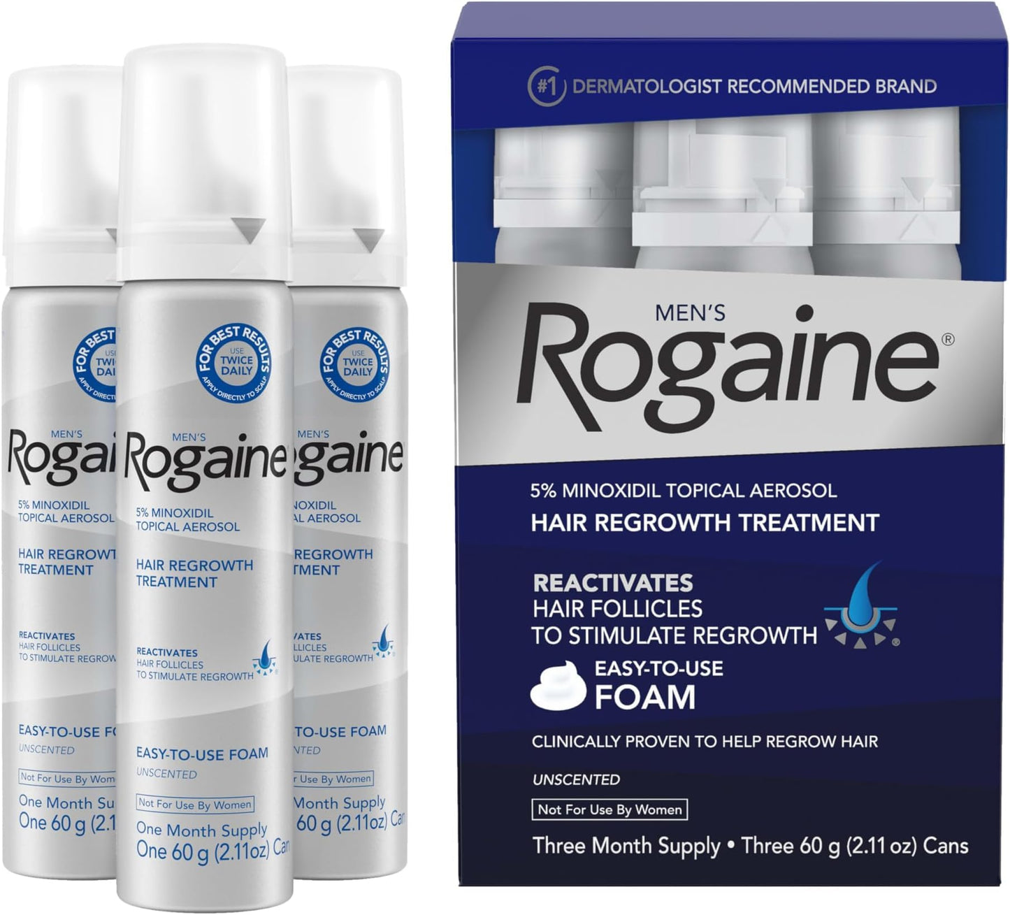 HOTMen's Rogaine 5% Minoxidil Topical Foam, Unscented, 3 Mo Supply, 3x 2.11 Oz