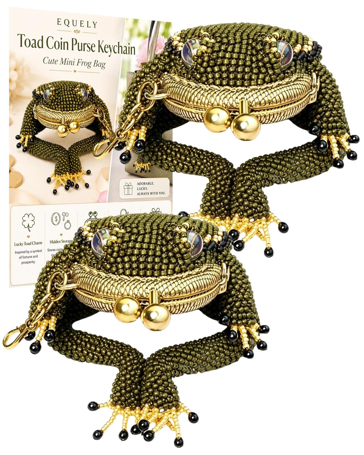 HOT2027 New Toad Coin Purse Keychain Cute Mini Frog Bag Charm with Kiss Lock Closure Beaded Lucky Pouch Hidden Storage for Coins Earbuds Jewelry Rings Women Girls Gift Accessory