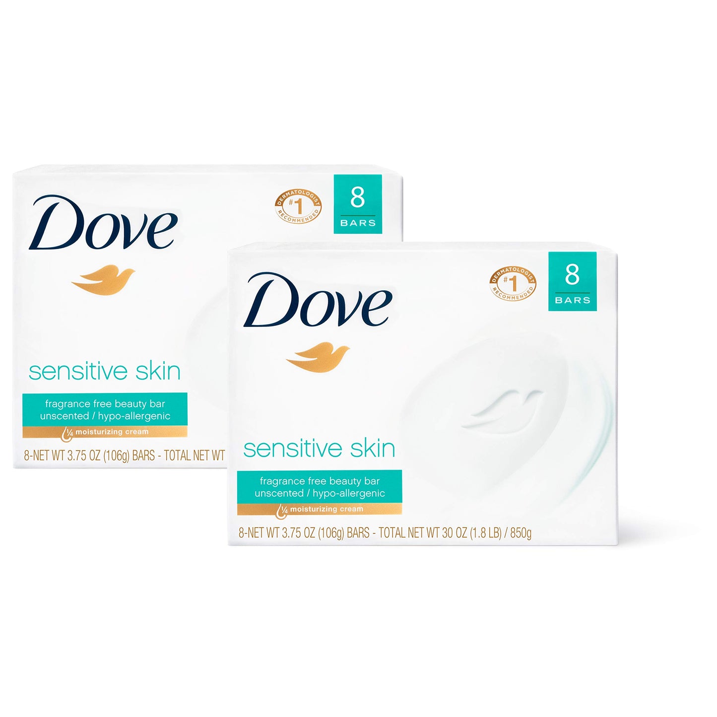 HOTDove Beauty Bar Soap Sensitive, 8 Bars for Sensitive Skin, Fragrance Free and Hypoallergenic 3.75 oz