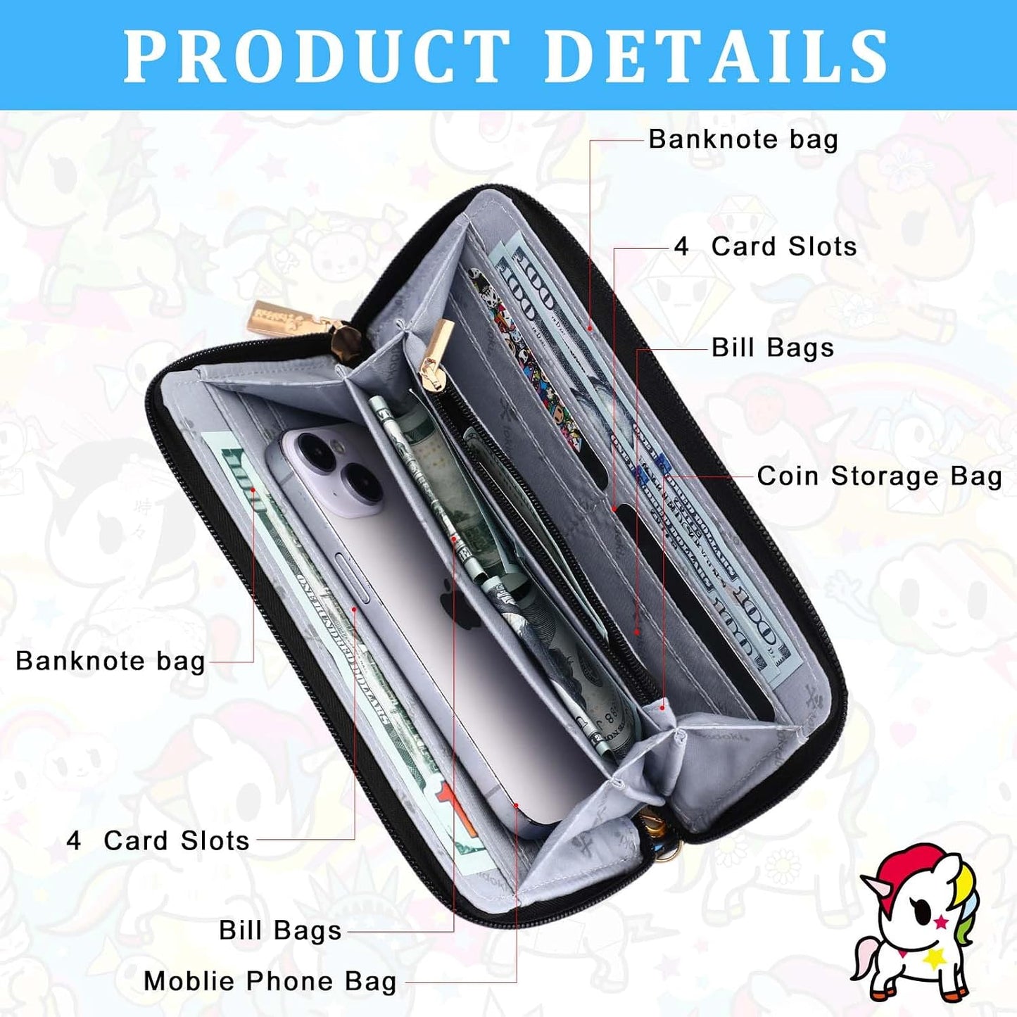 HOTtokidoki Cute Wallet for Women, Wristlet Clutch Purse with Coin Pouch, Zipper Leather Card Holder & Phone Wallet