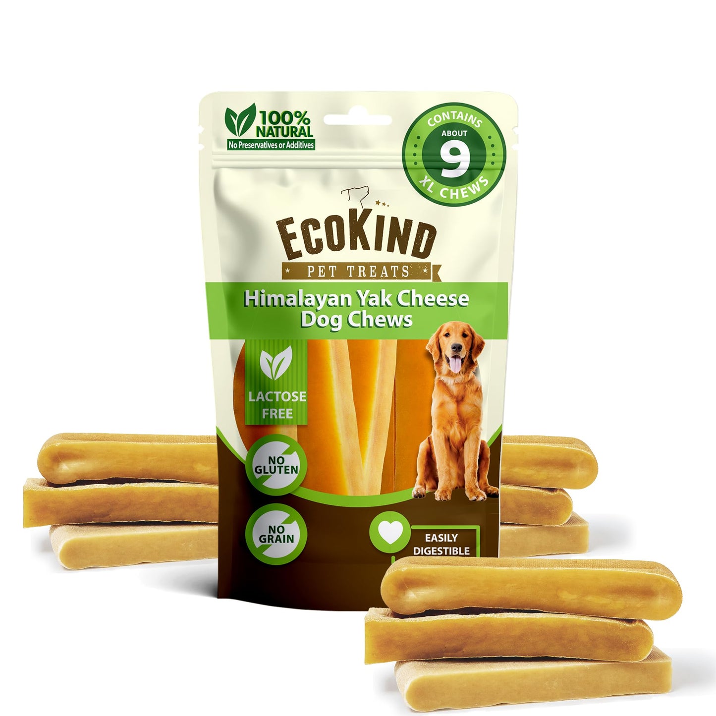 HOTEcoKind Yak Cheese Himalayan Dog Chews, Yak Chews for Large Dogs, 4-5 Bones | 1 Lb, Long Lasting for Aggressive Chewers, Only 3 Ingredient Natural High Protein Dental Dog Treats, No Additives or Lactose