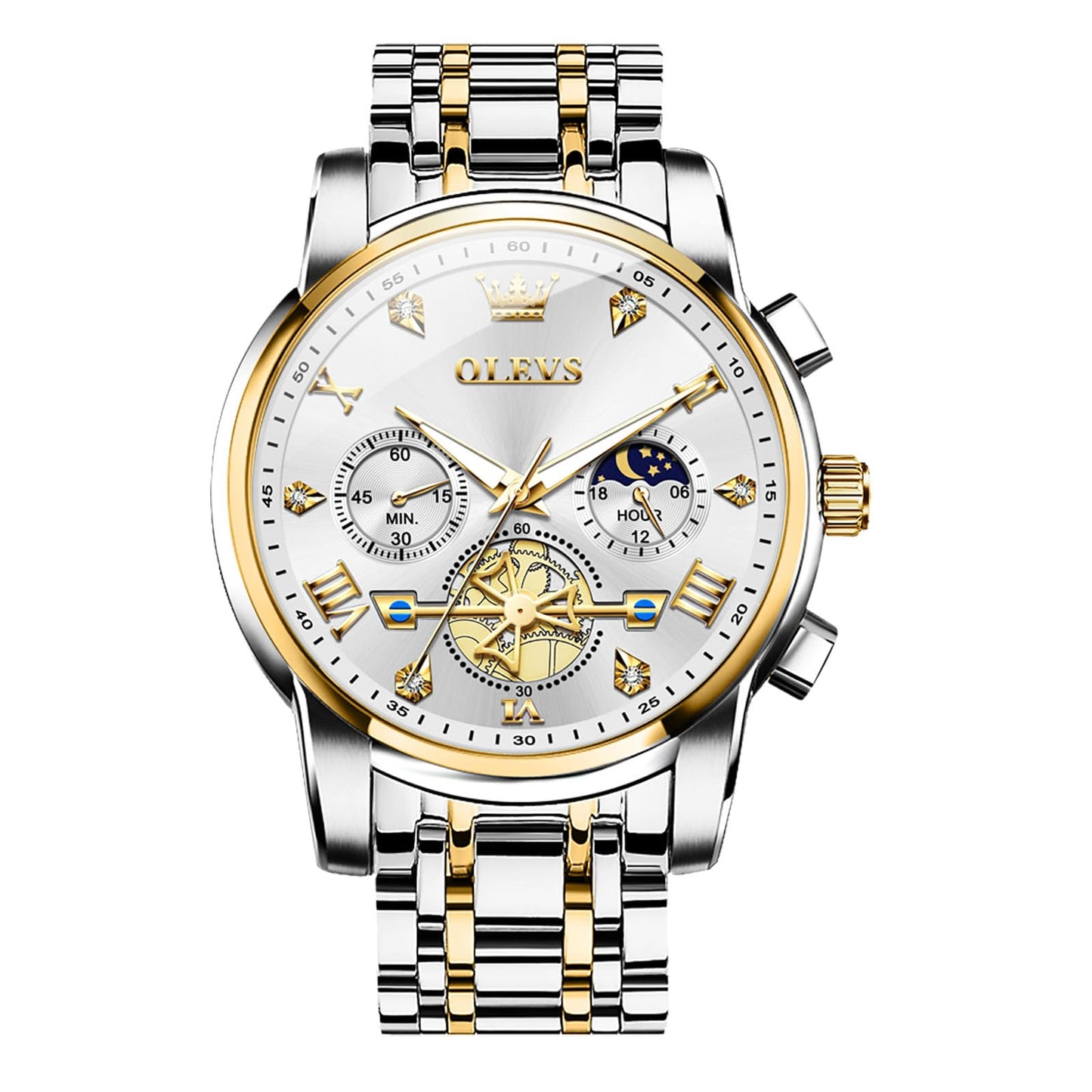 HOTOLEVS Men Watches Stainless Steel Chronograph Watch, Large Wrist Analog Quartz Watch, Fashion Waterproof Diamond Roman Numerals Dress Watches for Men, Gold/Black/White/Blue/Grey Dial