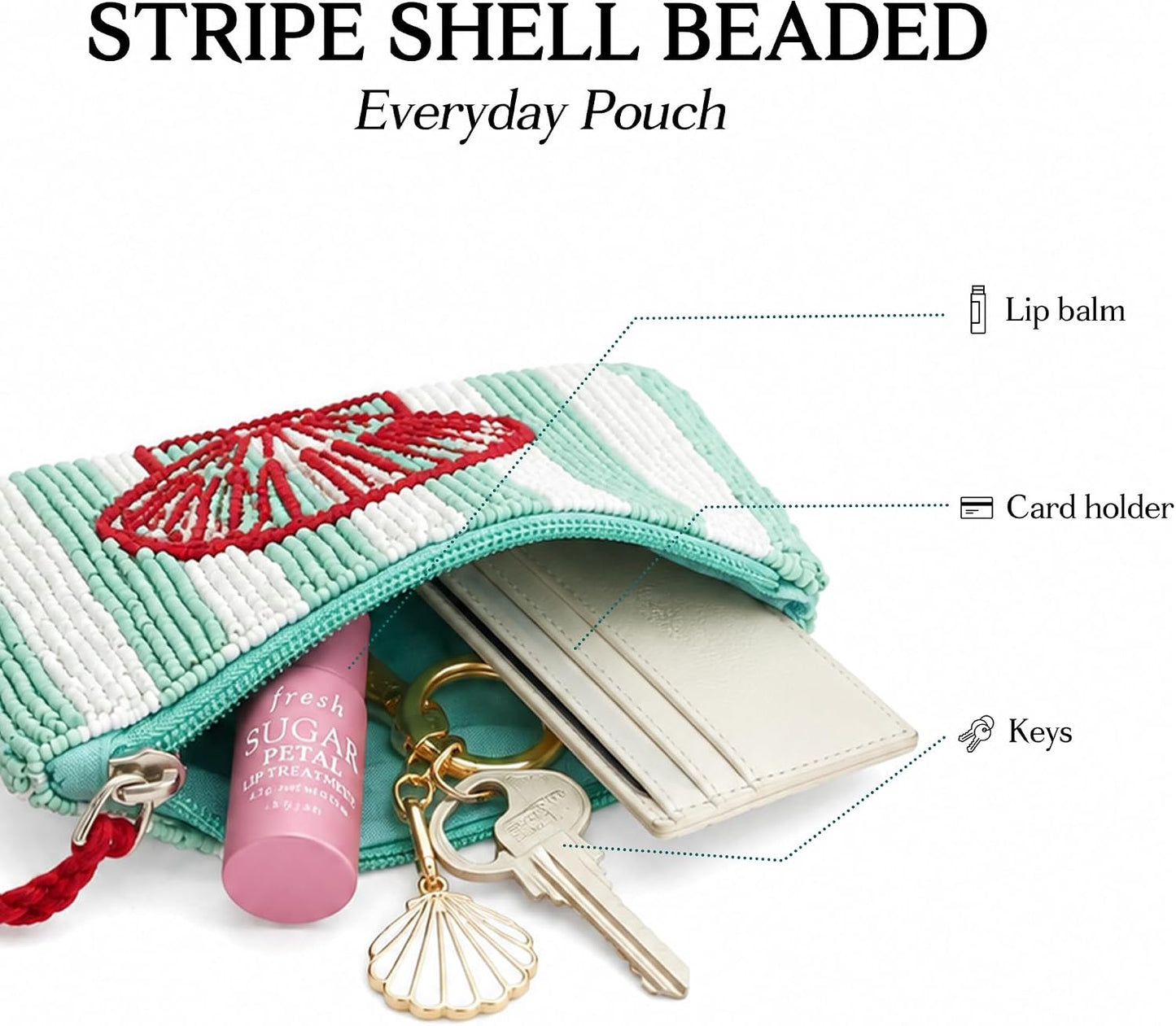 HOTAmerica & Beyond Hand-Beaded Coin Pouch, Striped Seashell Design, Mini Zip Pouch with Tassel, 5 x 3.5 Inch