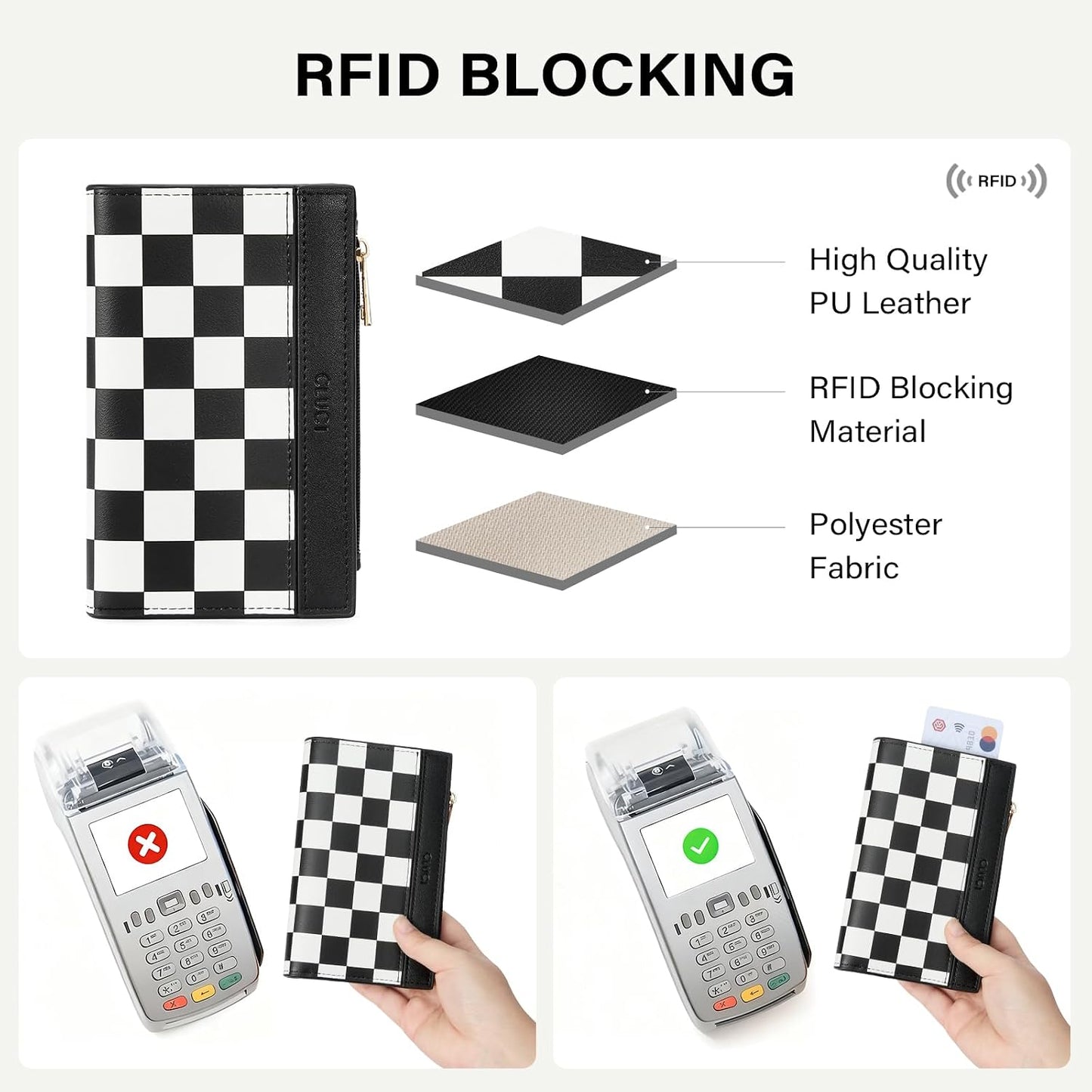HOTCLUCI Small Wallet for Women PU Leather RFID Blocking Designer Bifold Ladies Card Holder Checkerboard