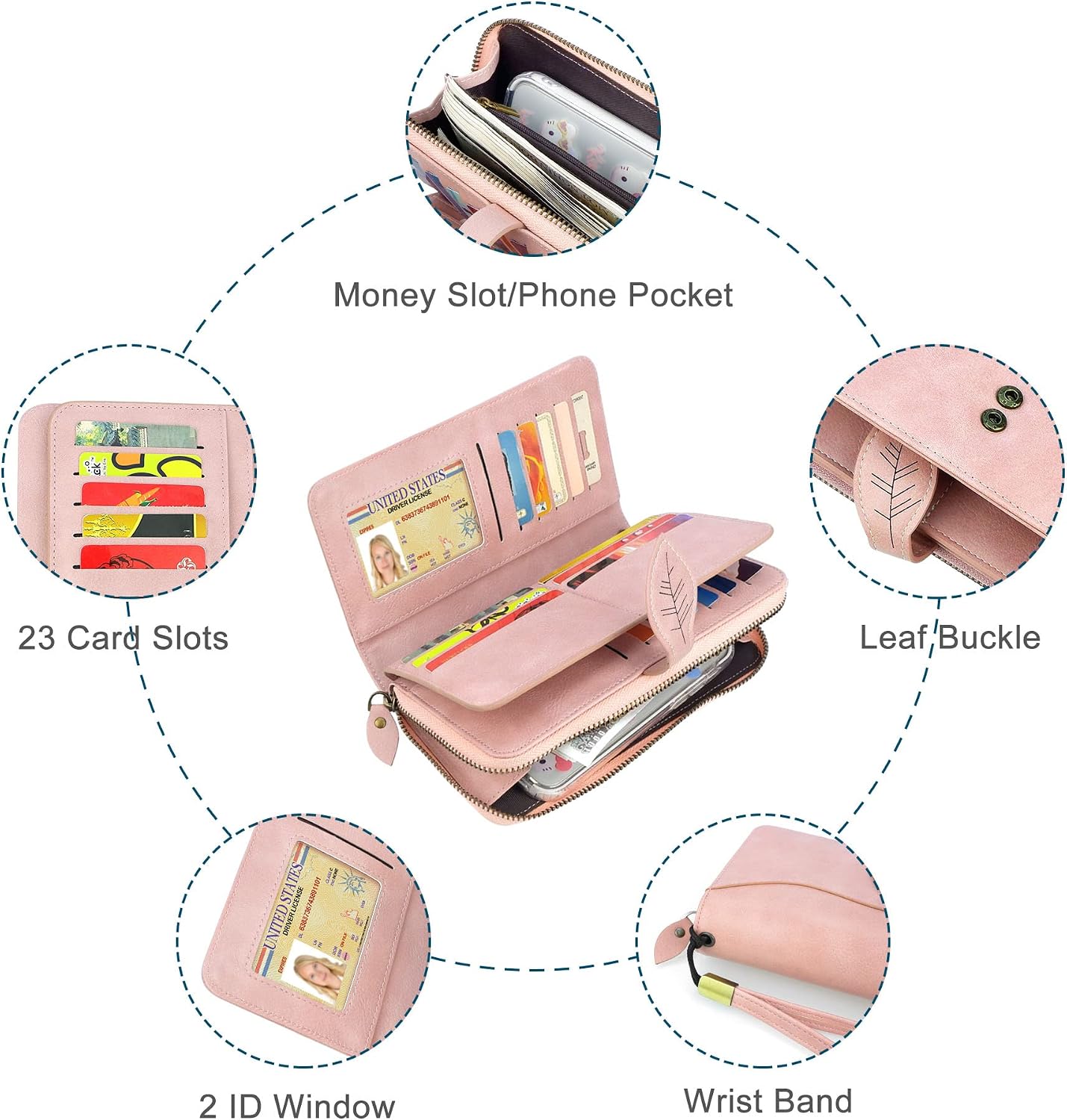 HOTCONISY RFID Wallet Women Large Capacity, Long Leather Clutch Wallet Credit Card Holder for Women with Wristlet