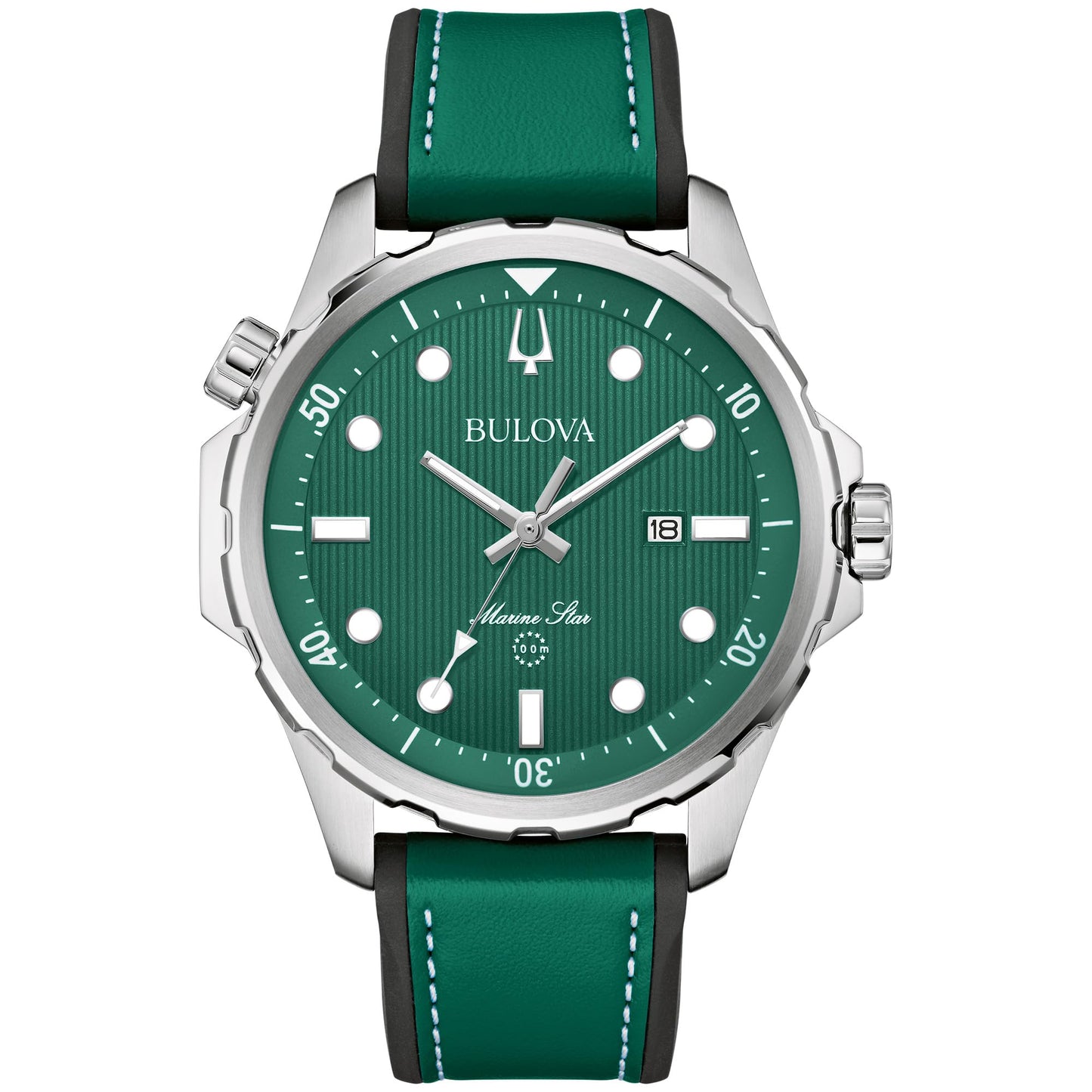 HOTBulova Men's Marine Star Quartz Silver Stainless Steel Watch, Leather and Silicone Strap, 100M Water Resistant, 43mm