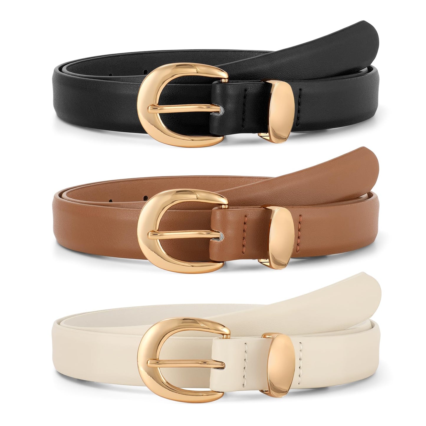 HOTJASGOOD 3 Pack Women Leather Belts For Jeans Dresses Pants Ladies Faux Leather Waist Belt with Gold Buckle