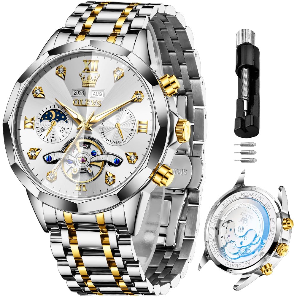 HOTOLEVS Skeleton Men Watches Automatic Business Luxury Diamond Self Winding Watch for Men Stainless Steel Calendar Wrist Watch