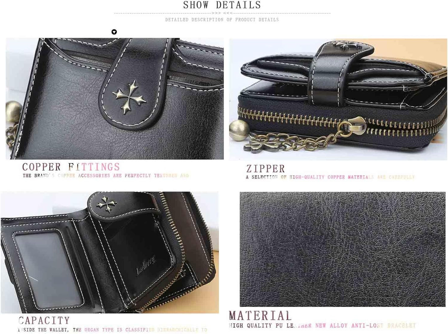 HOTWomen's retro wallet small Y2K credit card bag zipper double fold mini leather aesthetic y2k wallet (Black)