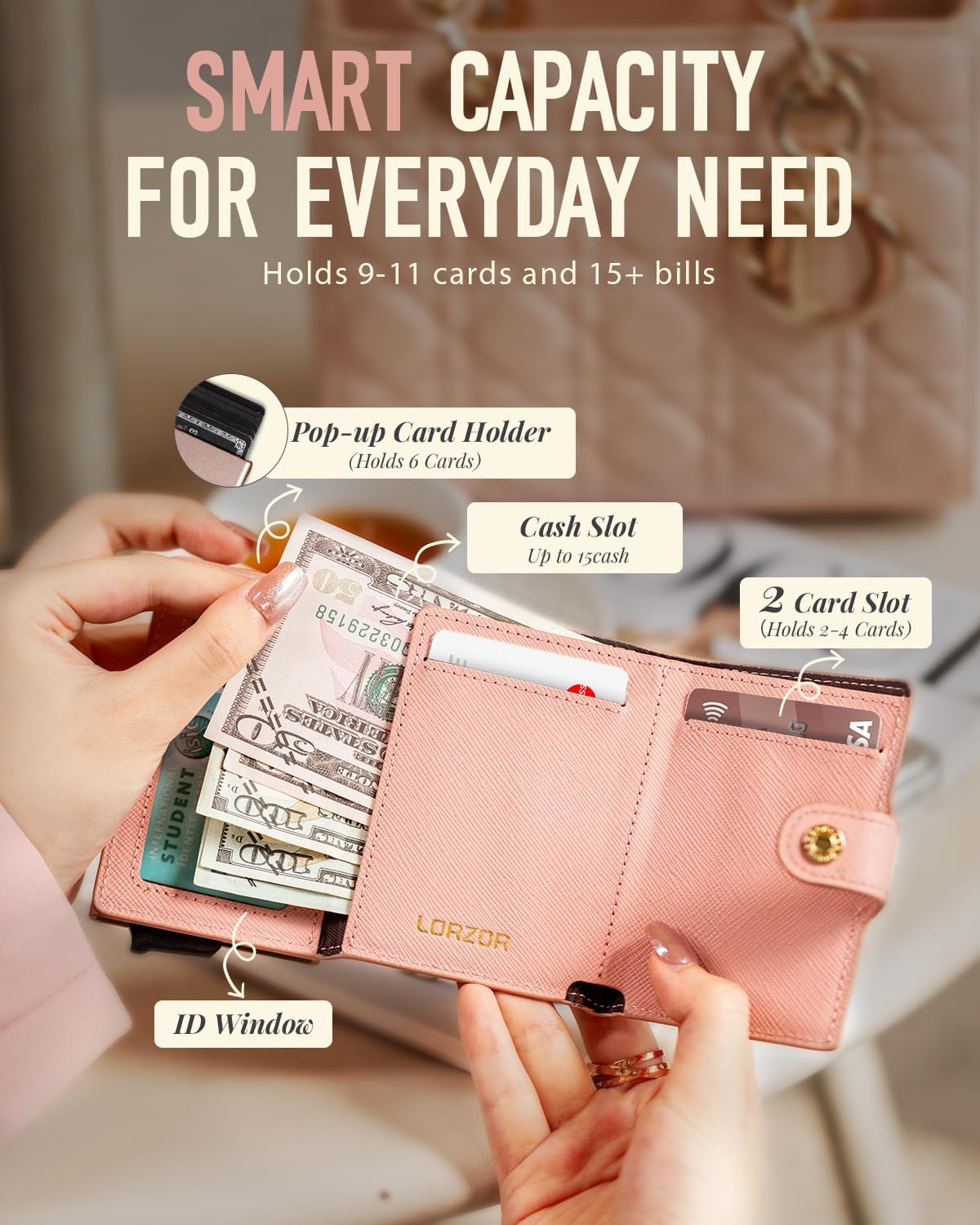 HOTWomen Wallet RFID Blocking Wallet for Women, Slim Small Size, Top Grain Leather, Pop up Credit Card Holder, Trifold, Minimalist, Pink Saffiano 9-11 Cards Capacity ID Window Cash Pocket,Gift for Her