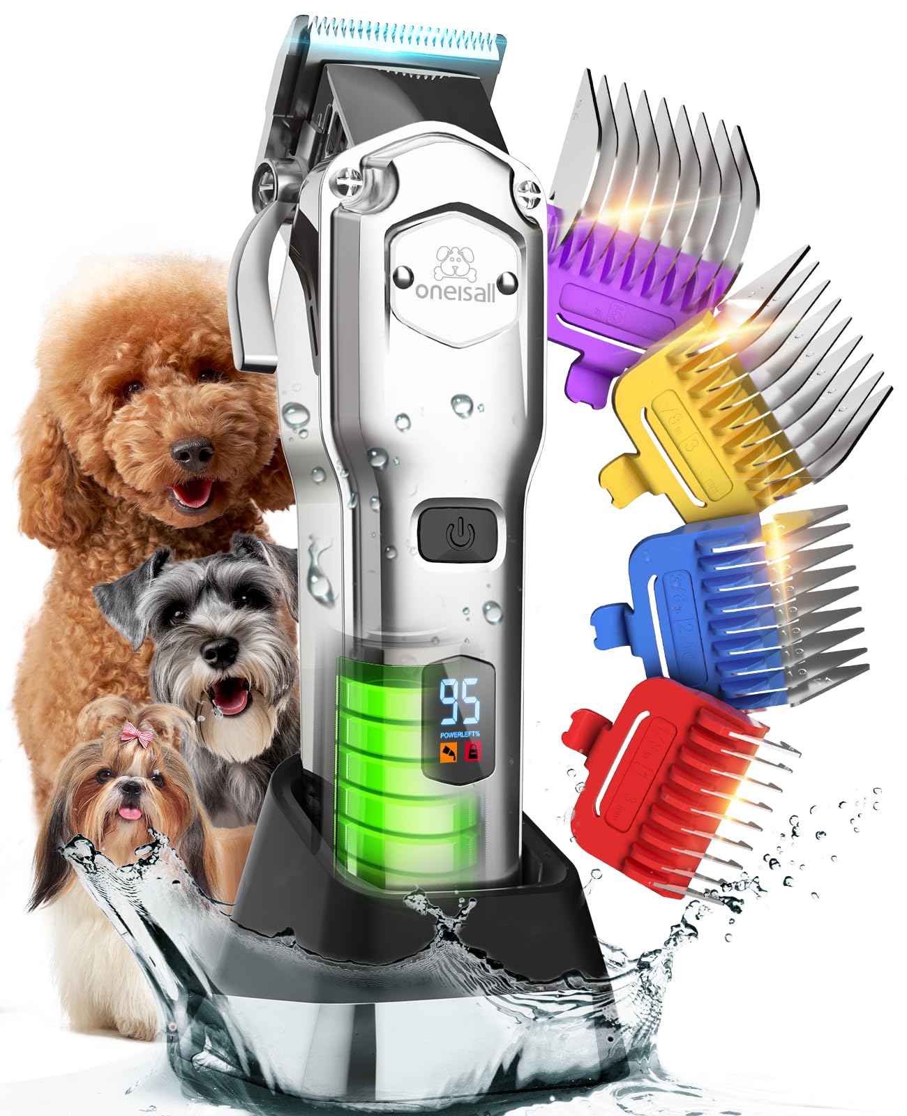 HOToneisall Dog Clippers for Grooming Thick Heavy Coats | Low Noise,Rechargeable Cordless,Detachable Stainless Steel Blade,IPX7 Waterproof,10 Guide Combs,for Thick/Double/Curly Hair