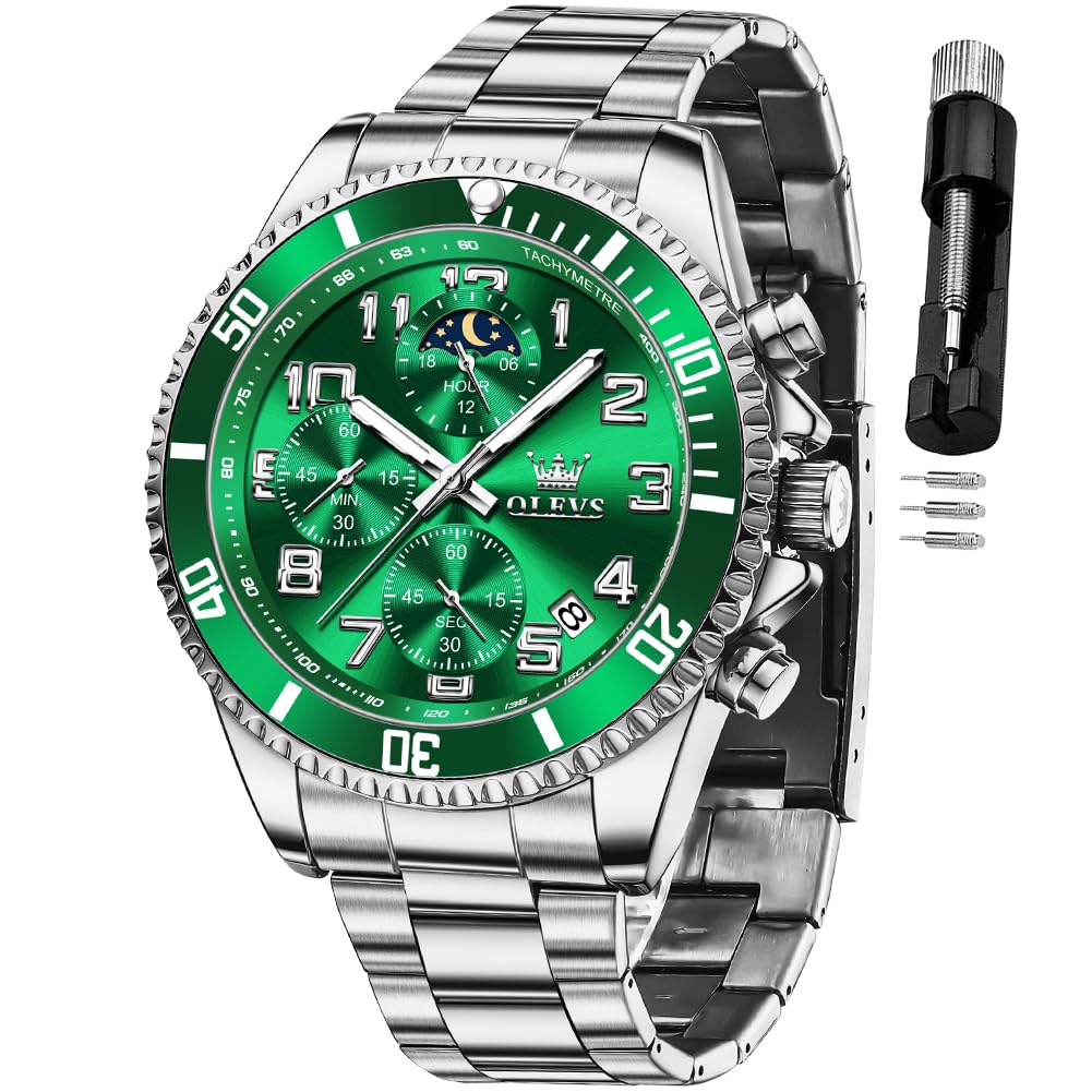 HOTOLEVS Mens Watches Chronograph Luxury Dress Moon Phase Two Tone Stainless Steel Waterproof Luminous Business Calendar Wrist Watch
