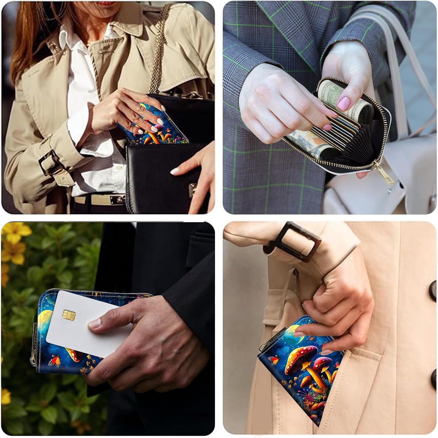 HOTCredit Card Holder for Women Men,RFID Blocking Small Card Case Wallet with Zipper,Leather Pocket Business Card Accordion Wallet-Mushroom Moon in the Forest