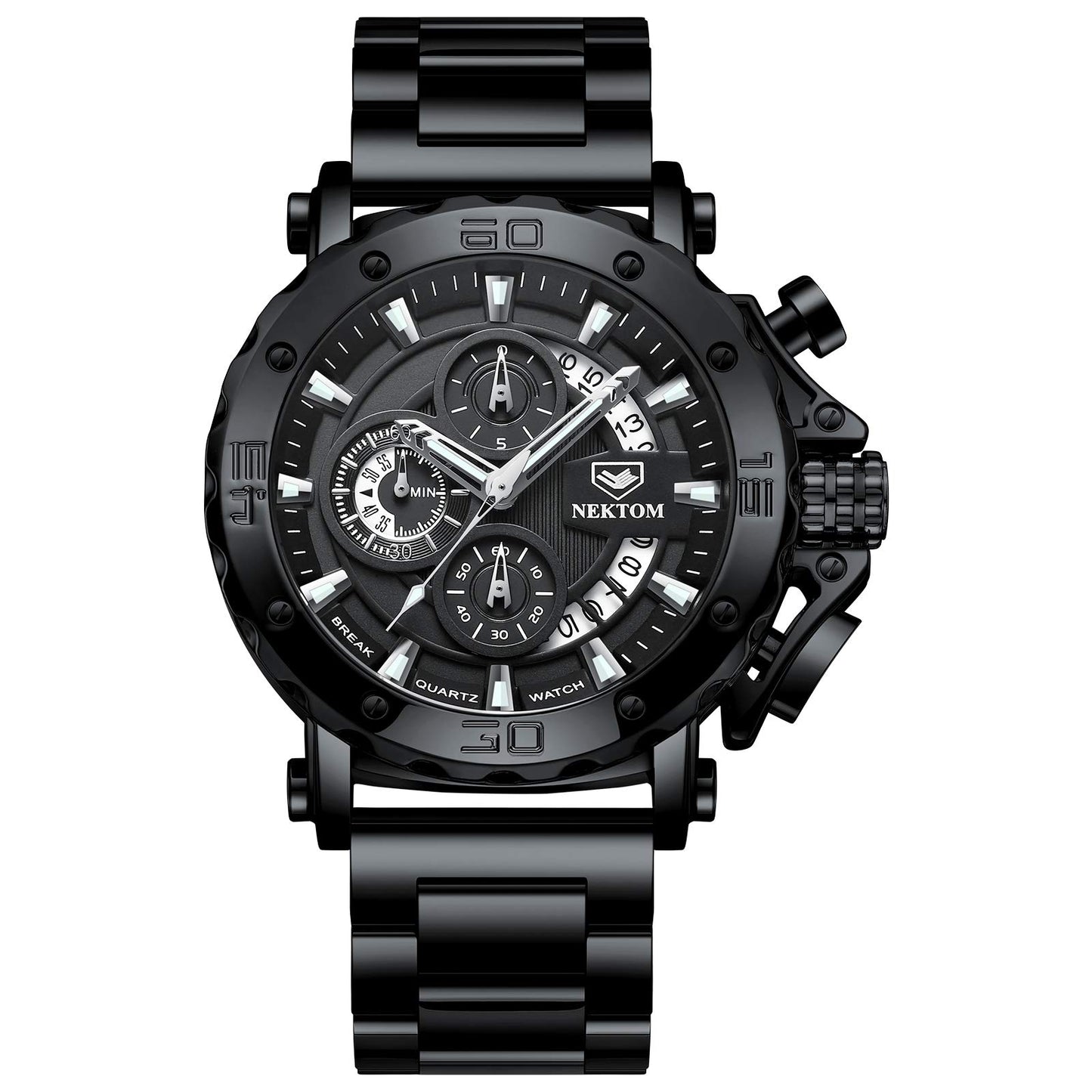 HOTNEKTOM Watches for Men with Stainless Steel, Quartz Analog Watch with Date, Luxury Minimalist Dress Mens Watches, Chronograph Watch, 3ATM Waterproof, Black Wristwatch, Gifts for Men