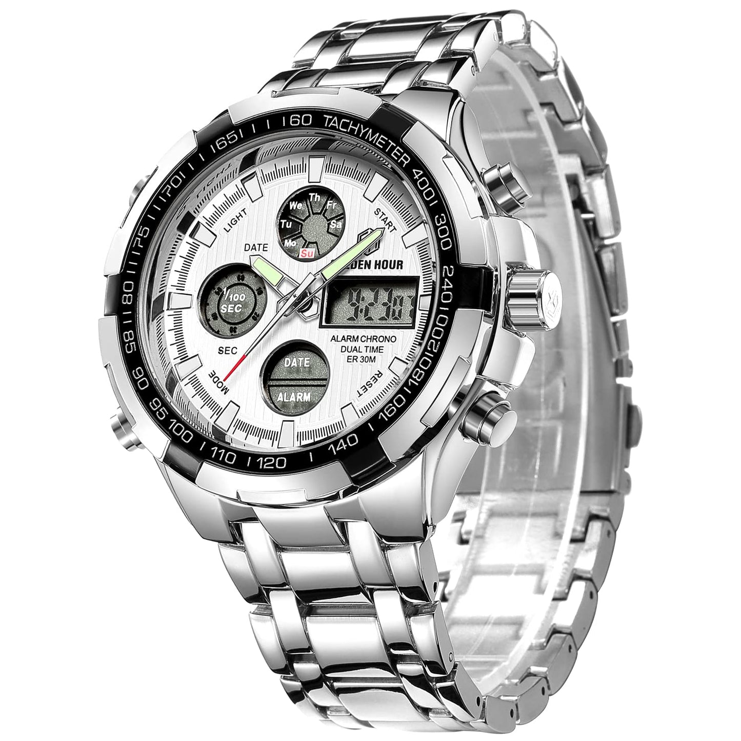 HOTGOLDEN HOUR Luxury Stainless Steel Analog Digital Watches for Men Male Outdoor Sport Waterproof Big Heavy Wristwatch