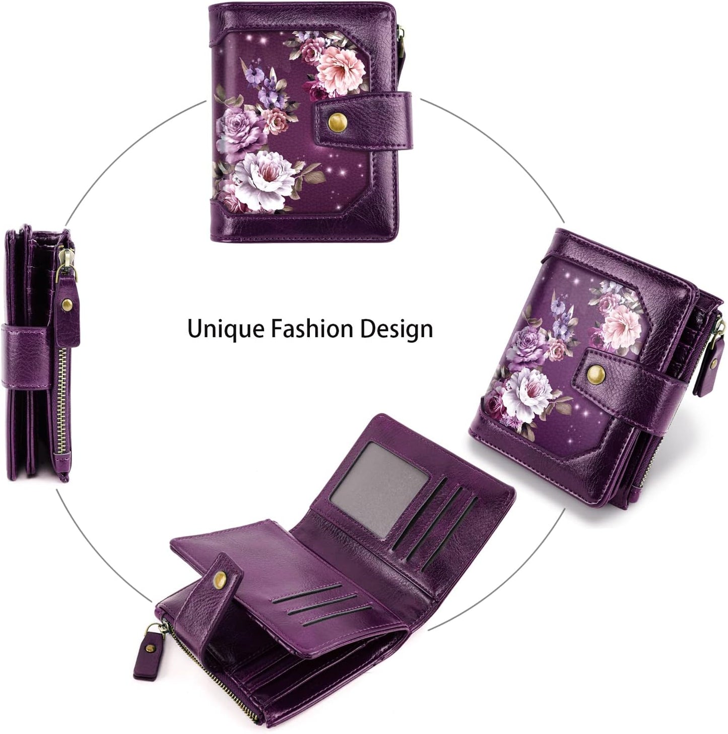 HOTSmall Womens Wallet Billfold RFID Credit Card Holder Ladies Purse | Compact Wallets Women, 2 ID Windows,16 Card Slots, Zipper Coin Pocket, PU Leather, Woman Female Girls Gift, Purple Flower