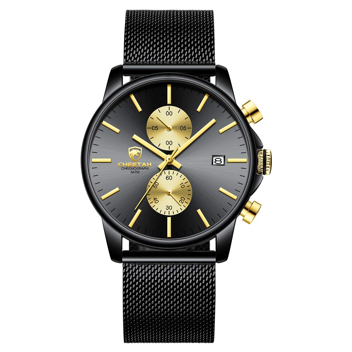 HOTGOLDEN HOUR Mens Watch Fashion Sleek Minimalist Quartz Analog Mesh Stainless Steel Waterproof Chronograph Watches for Men with Auto Date