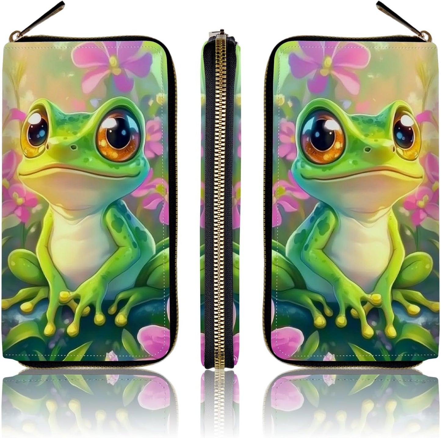 HOTWomen's Wallets,PU Leather Wristlet Wallet for Women,Card Holder Organizer Ladies Clutch with Zipper & Phone Holder-Lovely Frog