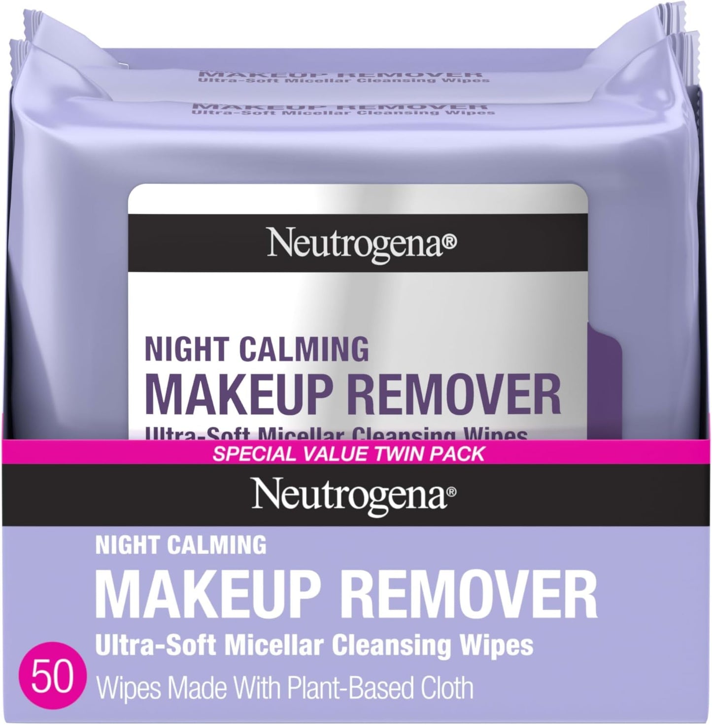 HOTNeutrogena Night Calming Makeup Remover Face Wipes, Nighttime Cleansing Towelettes Remove Sweat, Dirt & Makeup & Calms Skin, Hypoallergenic, 100% Plant Based Cloth, 50 Count (2 Packs of 25)