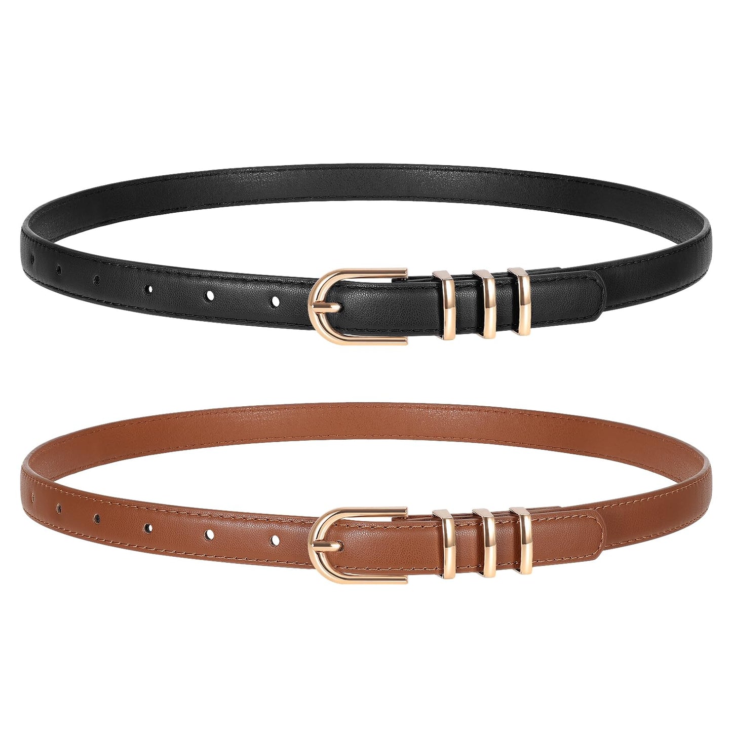 HOTTRIWORKS 2 Pack Women Skinny Leather Belts for Jeans Pants Thin Faux Leather Belt with Gold Buckle