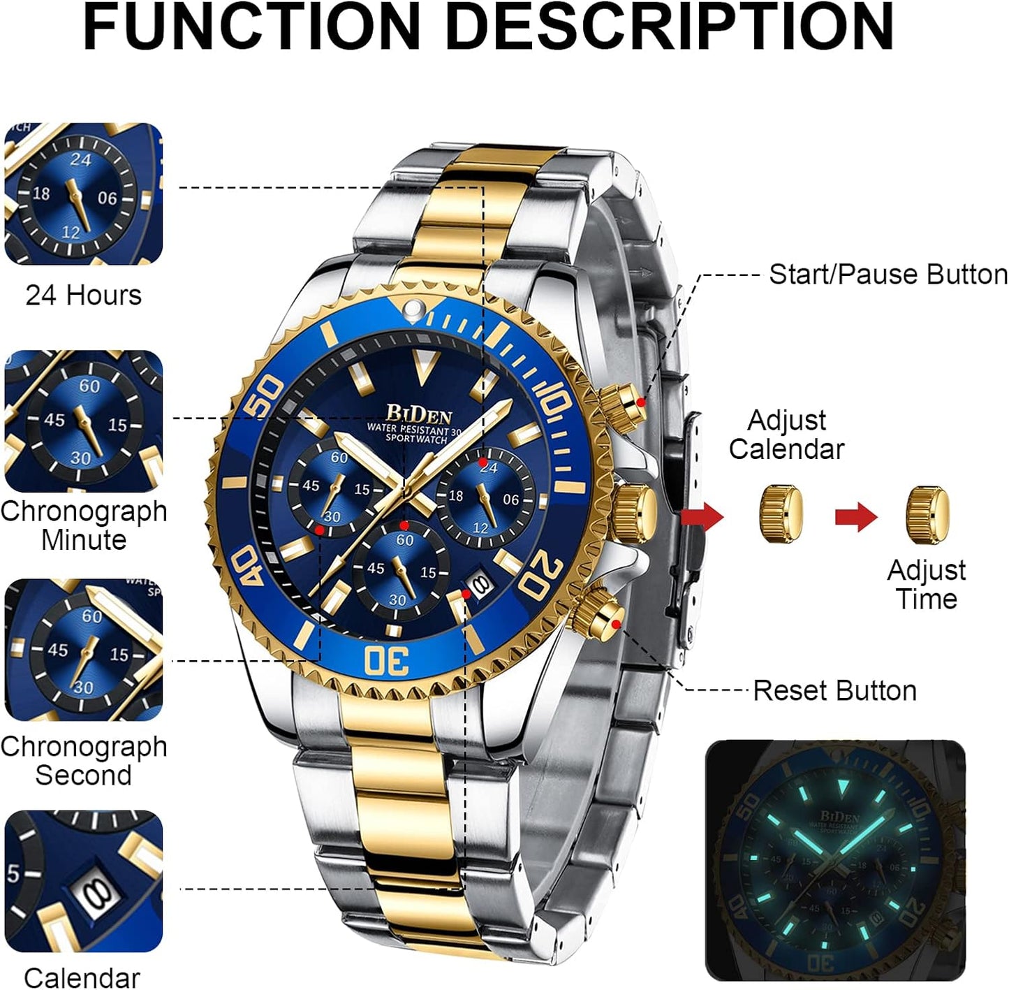 HOTBIDEN Mens Watches Chronograph Gold Blue Stainless Steel Waterproof Date Analog Quartz Watch Business Casual Fashion Wrist Watches for Men