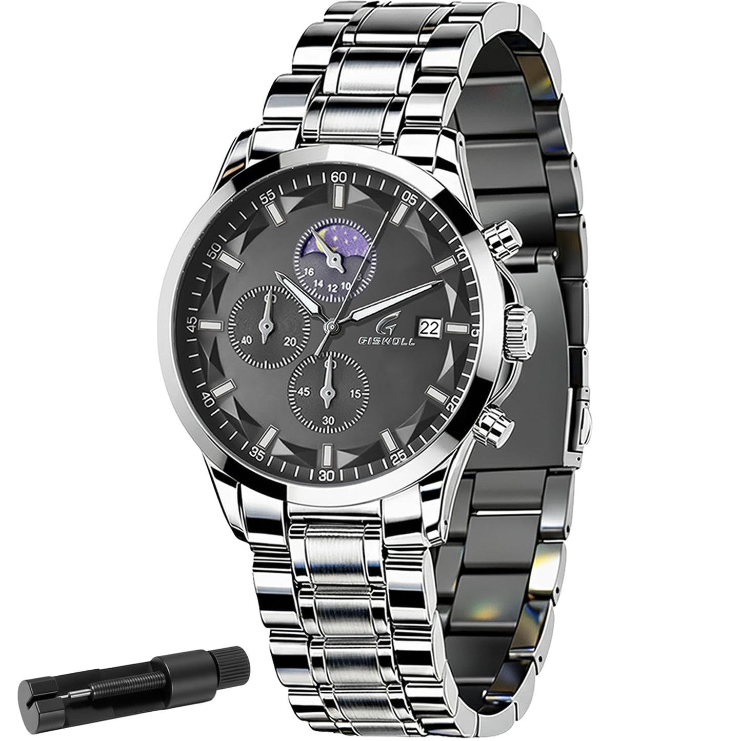 HOTFashion Casual Analog Watches for Men with Functional Chronograph Subdials | Mens Watches with Decorative Sun-Moon Dial, Auto Date, Dual Timers, Luminous, Waterproof, Gifts for Men Dad Husband Boyfriend