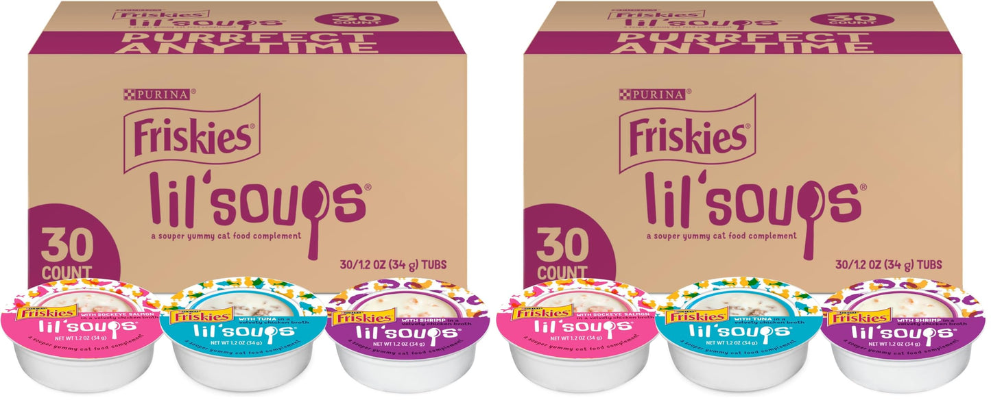HOTFriskies Purina Grain Free Wet Cat Food Lickable Cat Treats Variety Pack, Lil' Soups With Salmon, Tuna or Shrimp - (Pack of 30) 1.2 oz. Cups