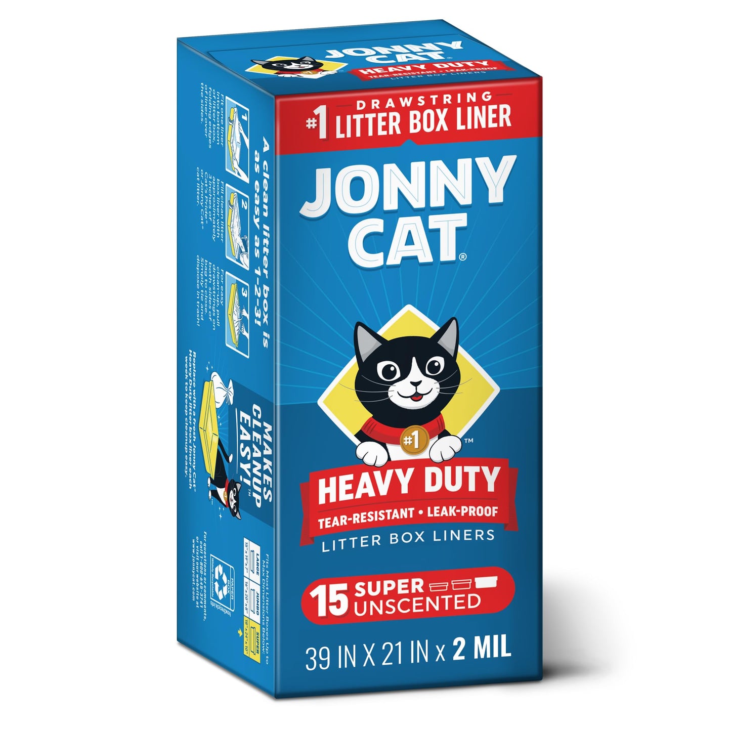 HOTJonny Cat Litter Box Liners: Heavy Duty - Tear & Leak Resistant - Drawstring Close - Jumbo, 15 Count