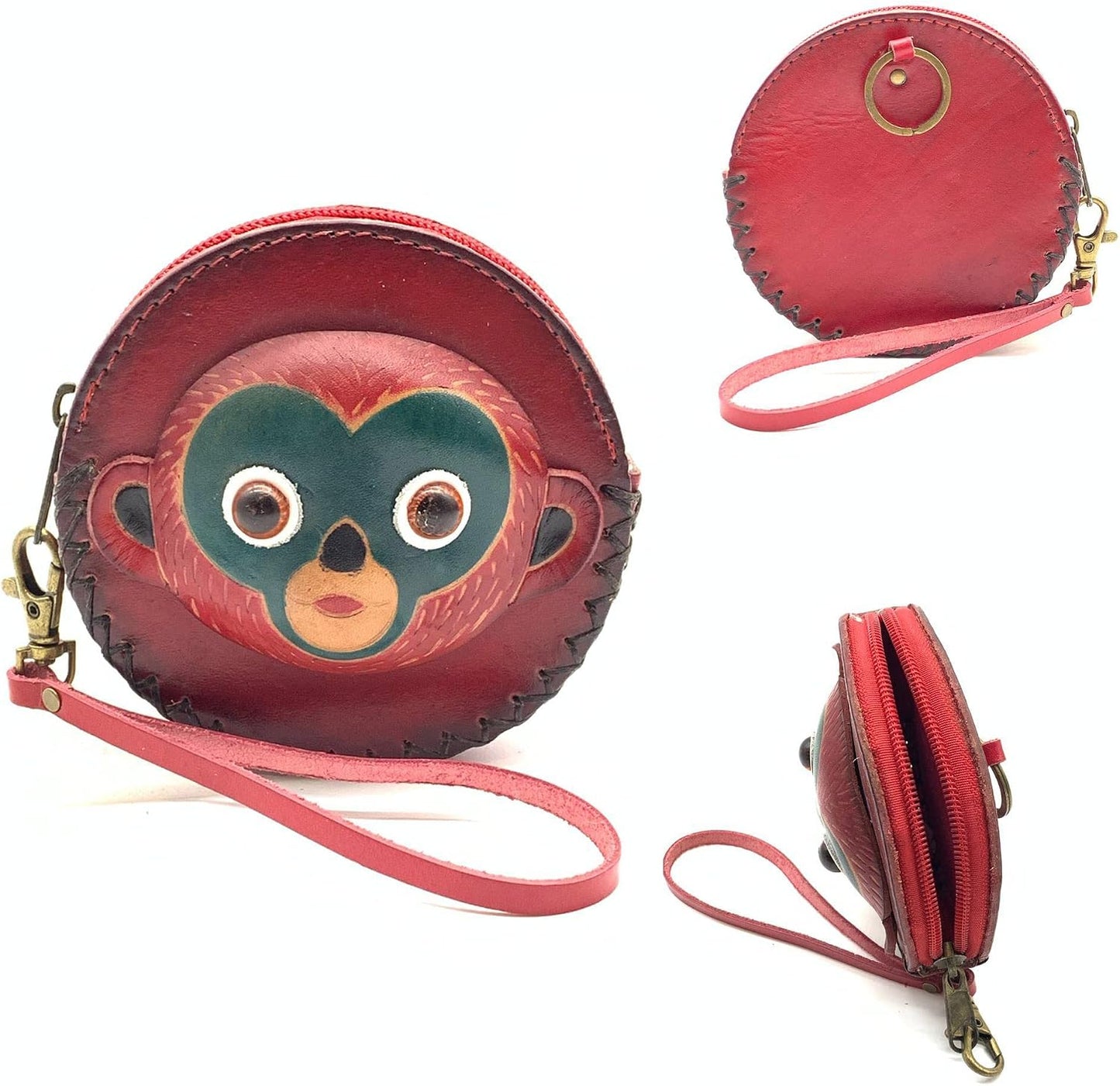 HOTHandmade Vintage Genuine Red Leather 3D Animal Monkey Coin Purse with Removable wrist strap