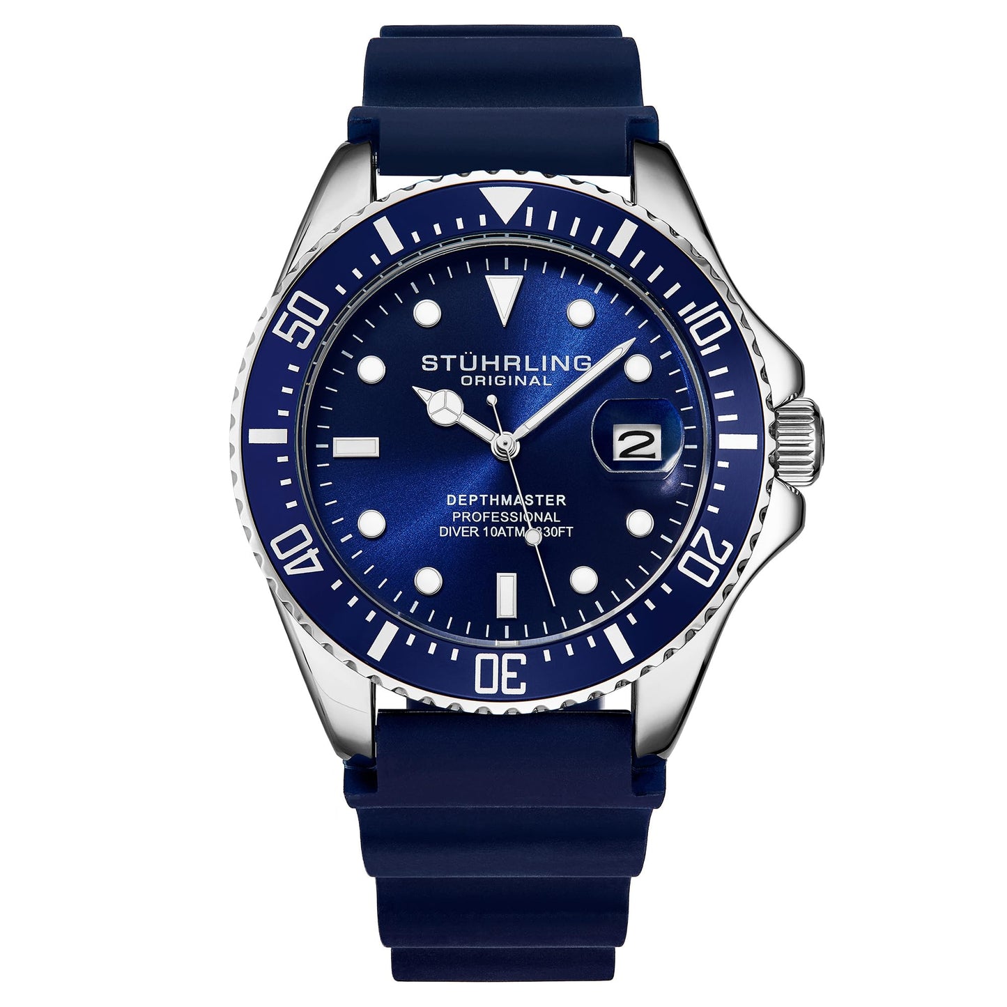 HOTStuhrling Original Men's Watch Dive Watch Silver 42 MM Case with Screw Down Crown Rubber Strap Water Resistant to 330 FT