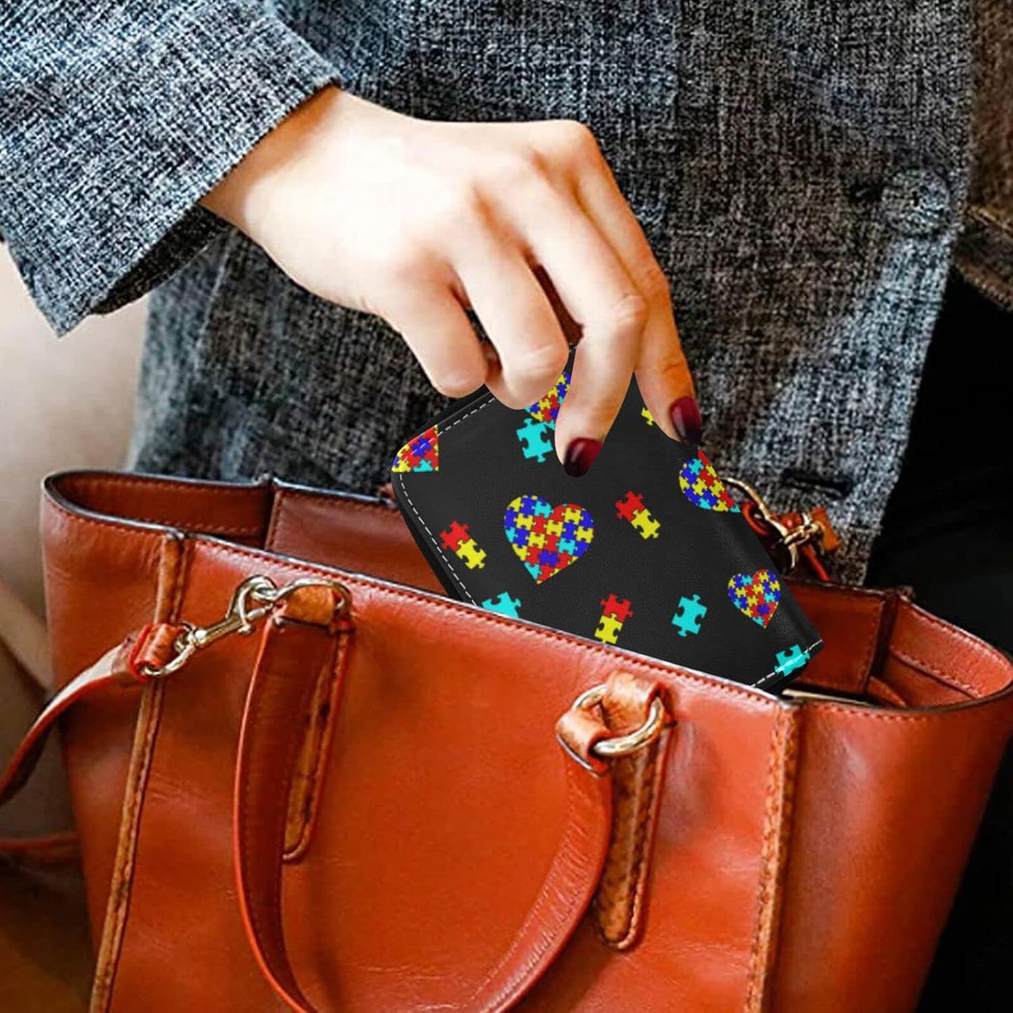 HOTAutism Awareness Puzzle Piece RFID Credit Card Holder Wallets Accordion for Women Leather Zipper Card Case Accordion Wallet for Ladies Girls