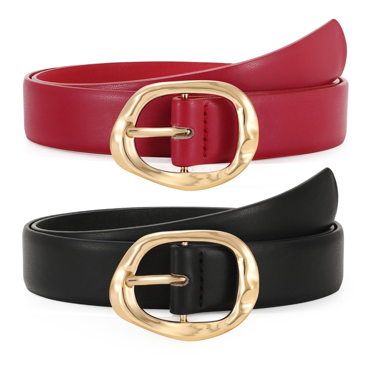 HOTTRIWORKS 2 Pack Leather Belts for Women Fashion Waist Belt with Liquid Shapes Women Belt for Jeans Pants Dresses
