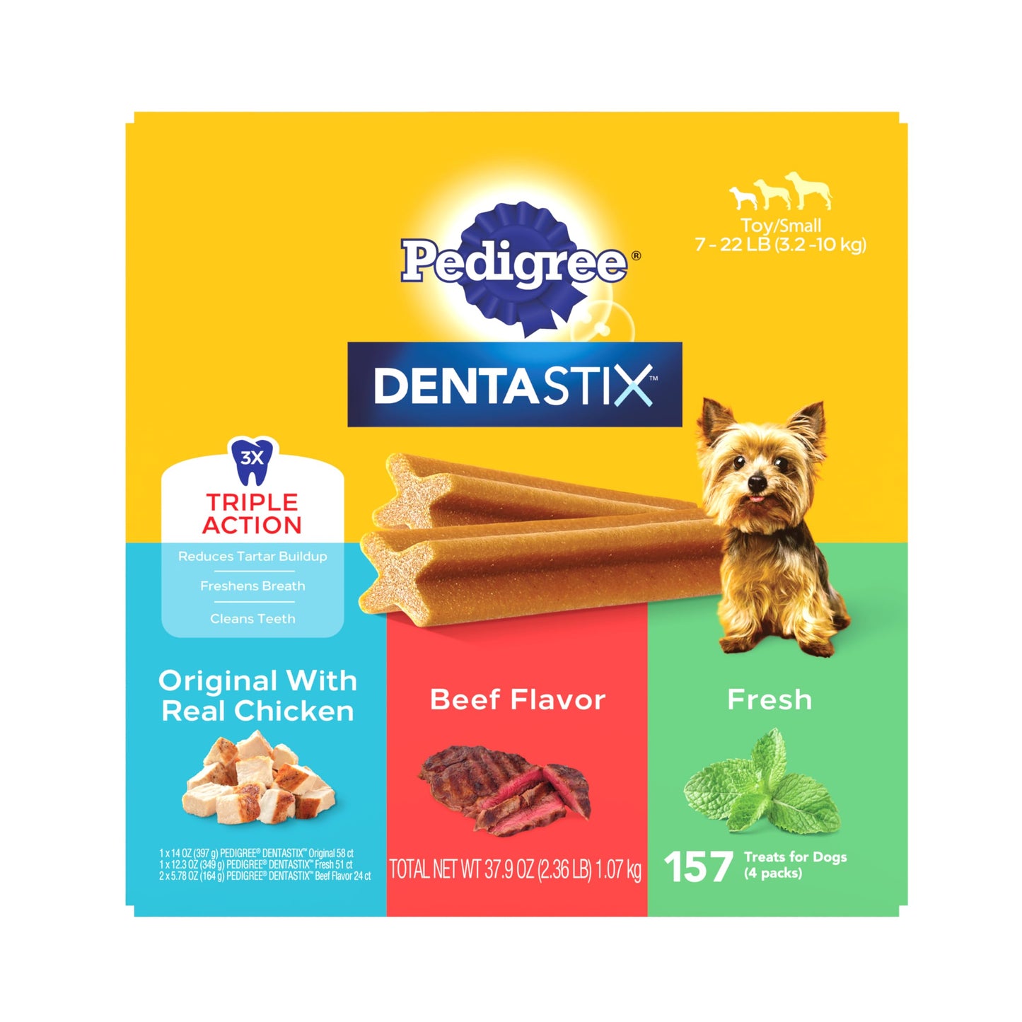 HOTPedigree Dentastix Small & Toy Breed Dog Dental Treats, Fresh, 102 Count | Triple action dental care, reduces tartar, cleans teeth, freshens breath, for dogs 7-22 lbs, no added sugar/fillers