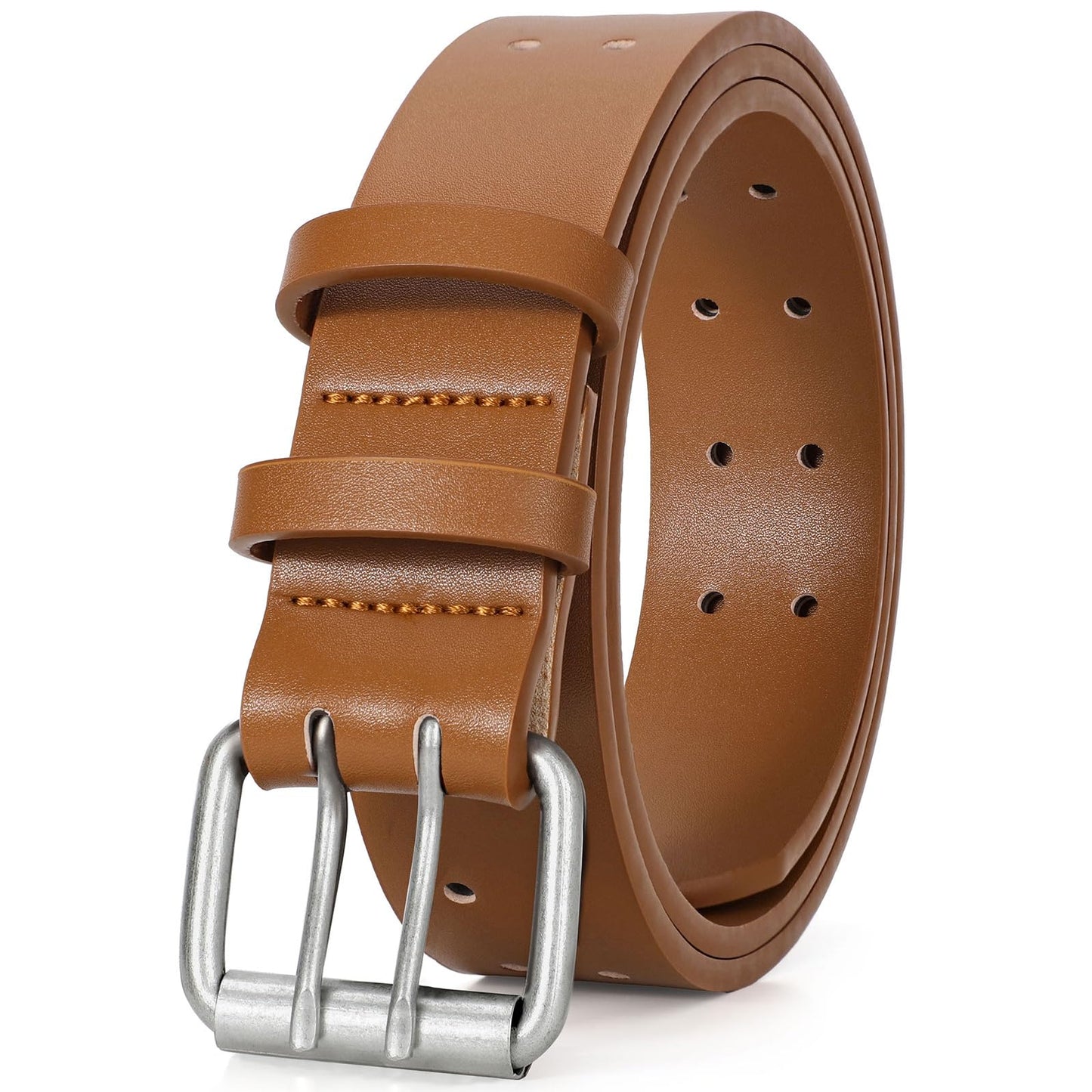HOTJASGOOD Men Double Prong PU Leather Belt Casual Work Heavy Duty Belt Double Grommet Holes Belt for Jeans