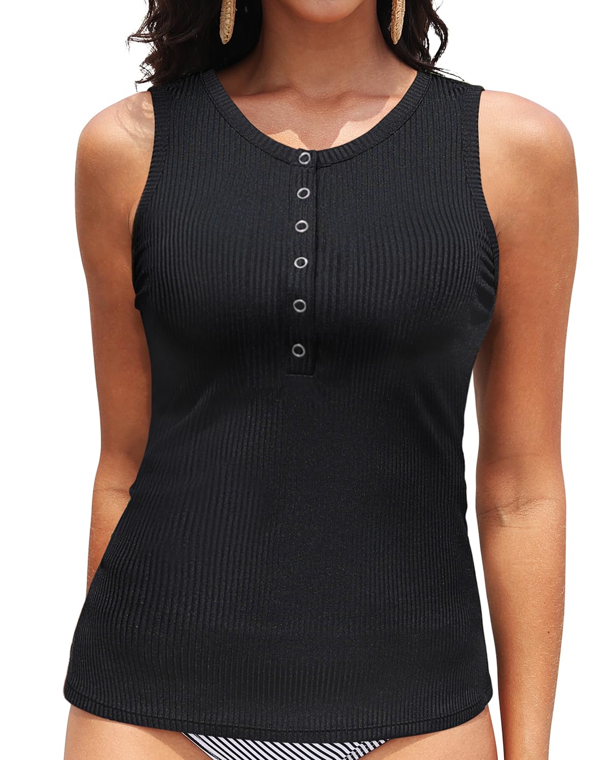 HOTDaci Tankini Tops for Women Tummy Control Swim Top Only | High Neck, Ruched Front, Full Coverage, Removable Pads, No Bottom, Soft Stretch Fabric, Fully Lined, Beach and Water Sports