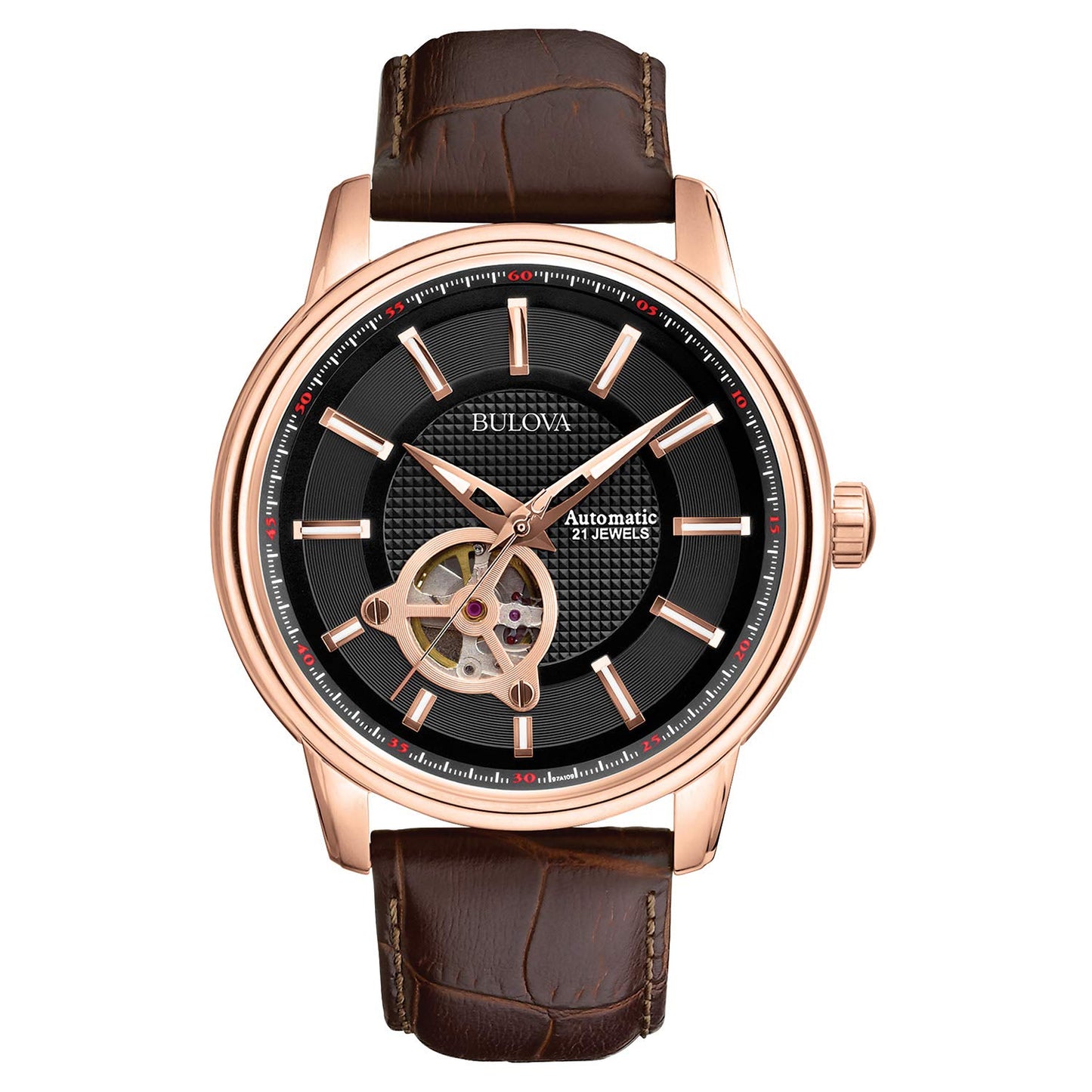 HOTBulova Men's Classic 3-Hand Automatic Leather Strap Watch, 21-Jewels, Hack Feature, Luminous Hands and Markers,Open Aperture and Exhibition Case Back