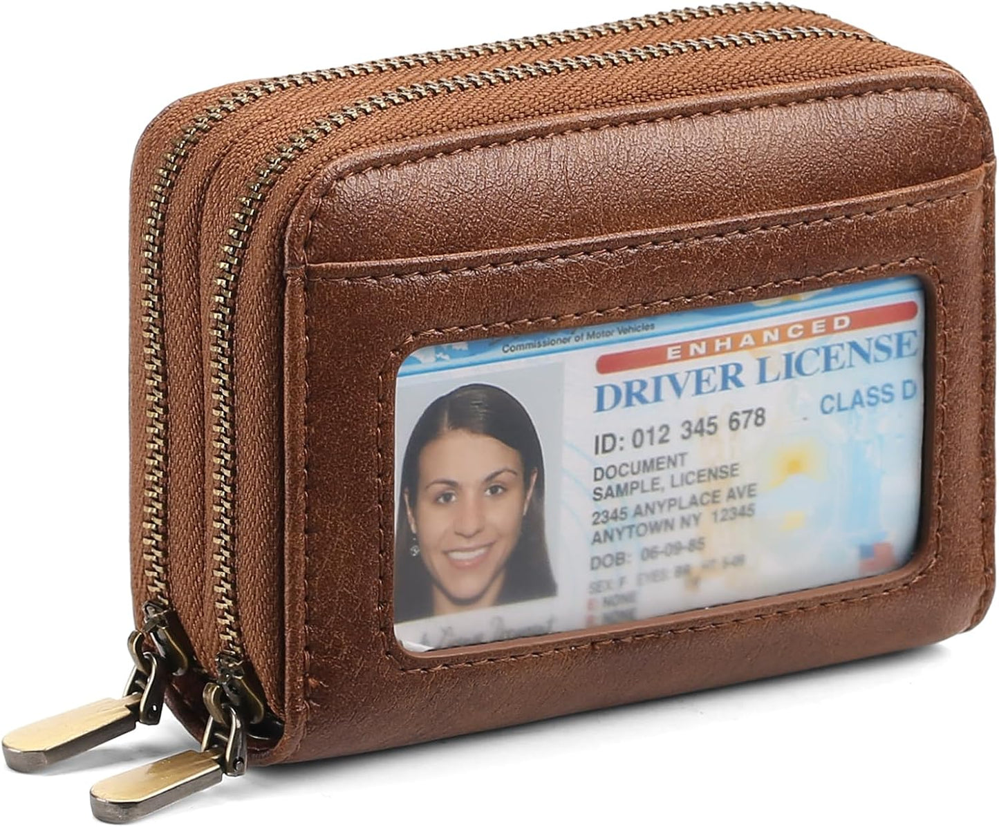 HOTSENDEFN Leather Credit Card Holder Small Wristlet Woman Wallets RFID Blocking Double Zipper with ID Window