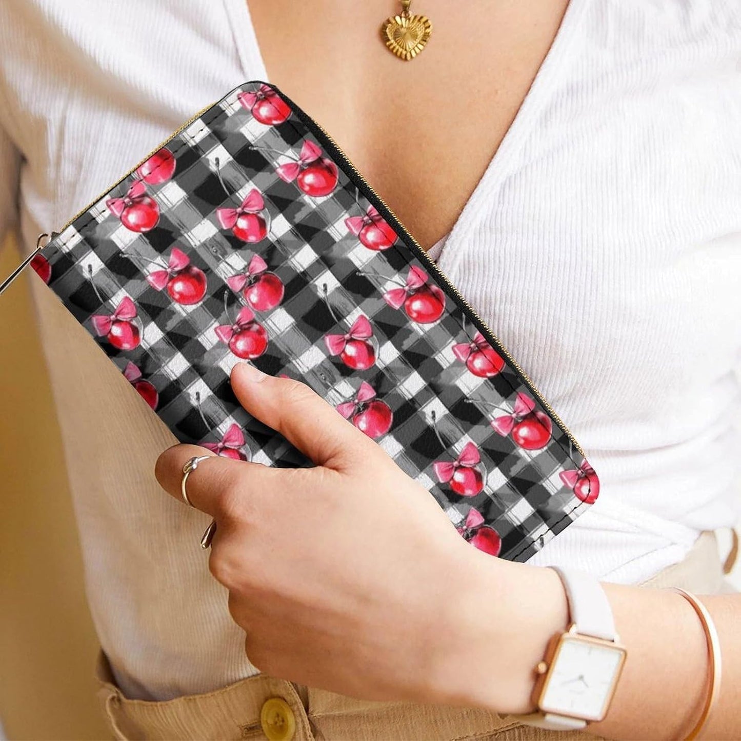 HOTCherry Bow Coquette Checkered Long Wallet Leather Hand Wallets Zipper Travel Credit Card Holder Clutch Wallet 7.8X4.1 Inch