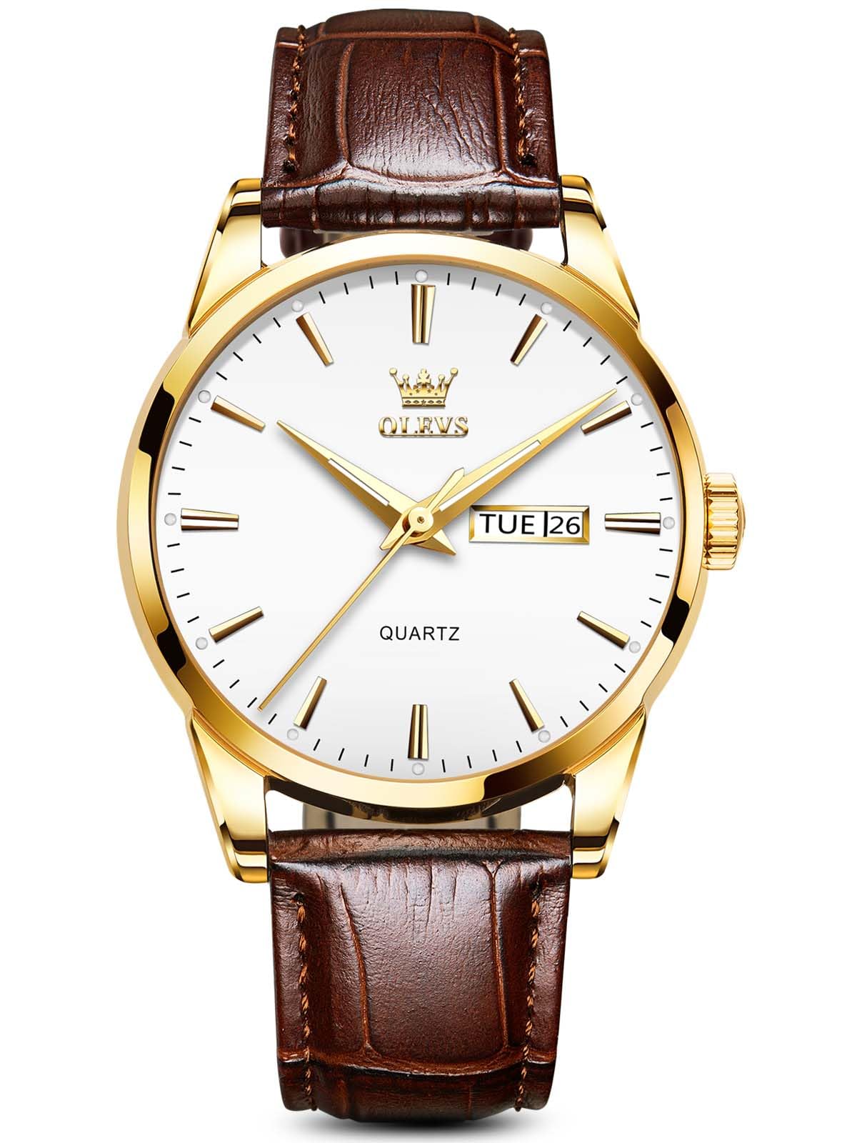 HOTOLEVS Mens Watch Brown Leather Band Dress Watch for Men Quartz Waterproof Men's Wrist Watch 38MM Gold Case Easy to Read Day Date Business Casual Men Watches Gifts for Him Relojes para Hombres