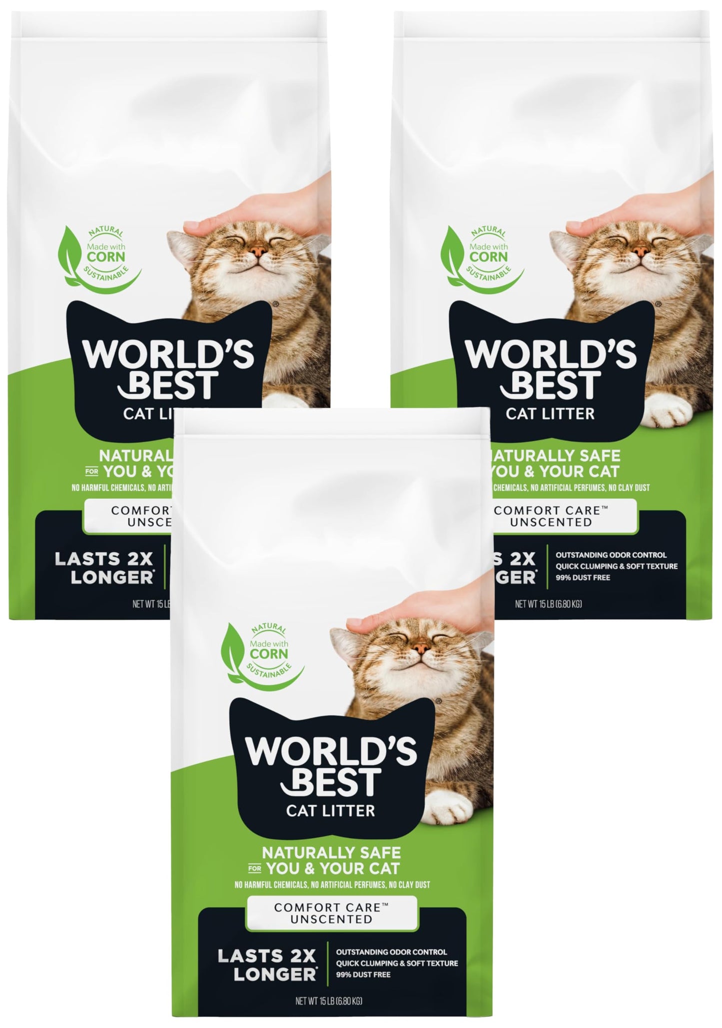 HOTWorld's Best Cat Litter, Comfort Care, Unscented, Odor Control, 15 lb Bag | Gentle odor control for sensitive cats and lasts 2x longer; natural corn litter, quick clumping, flushable, 99% dust free