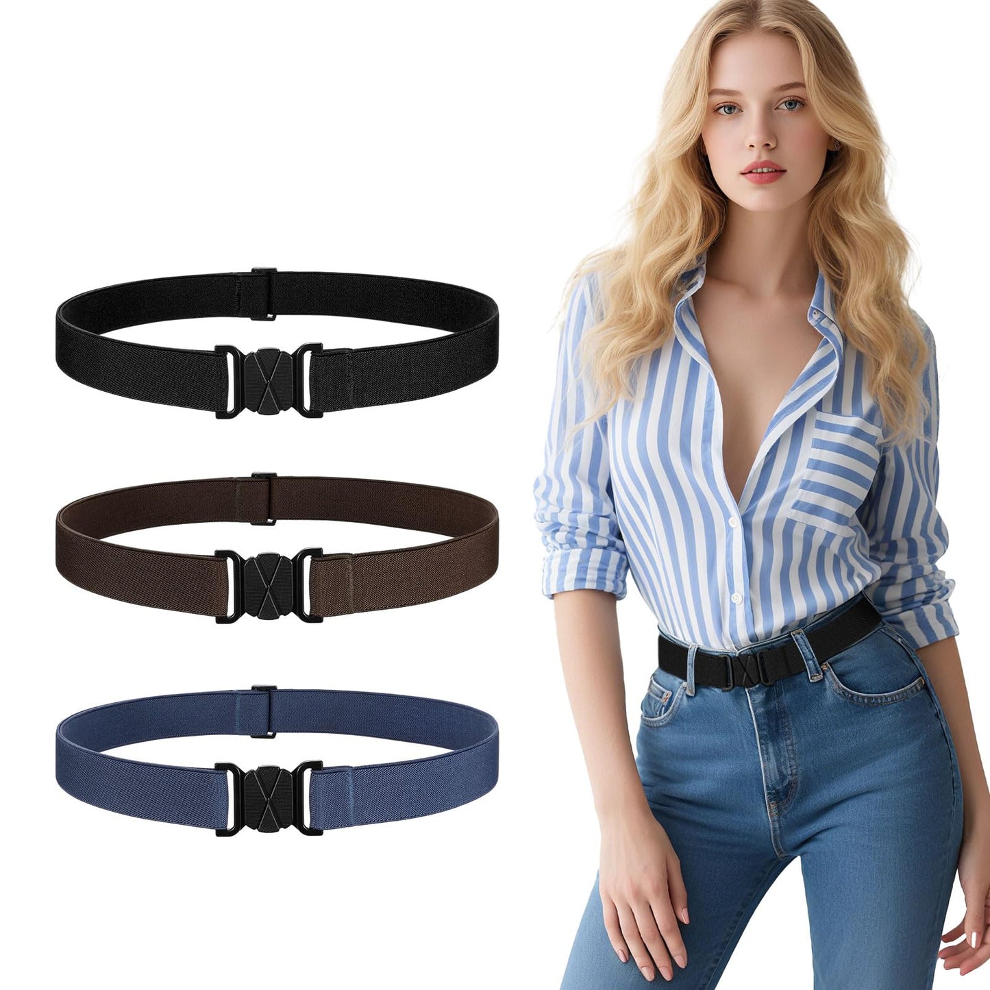 HOTJASGOOD 3/4/5/6 Pack No Show Stretch Belts for Women Invisible Elastic Belt for Jeans Pants Shirt Sweater Tuck Band