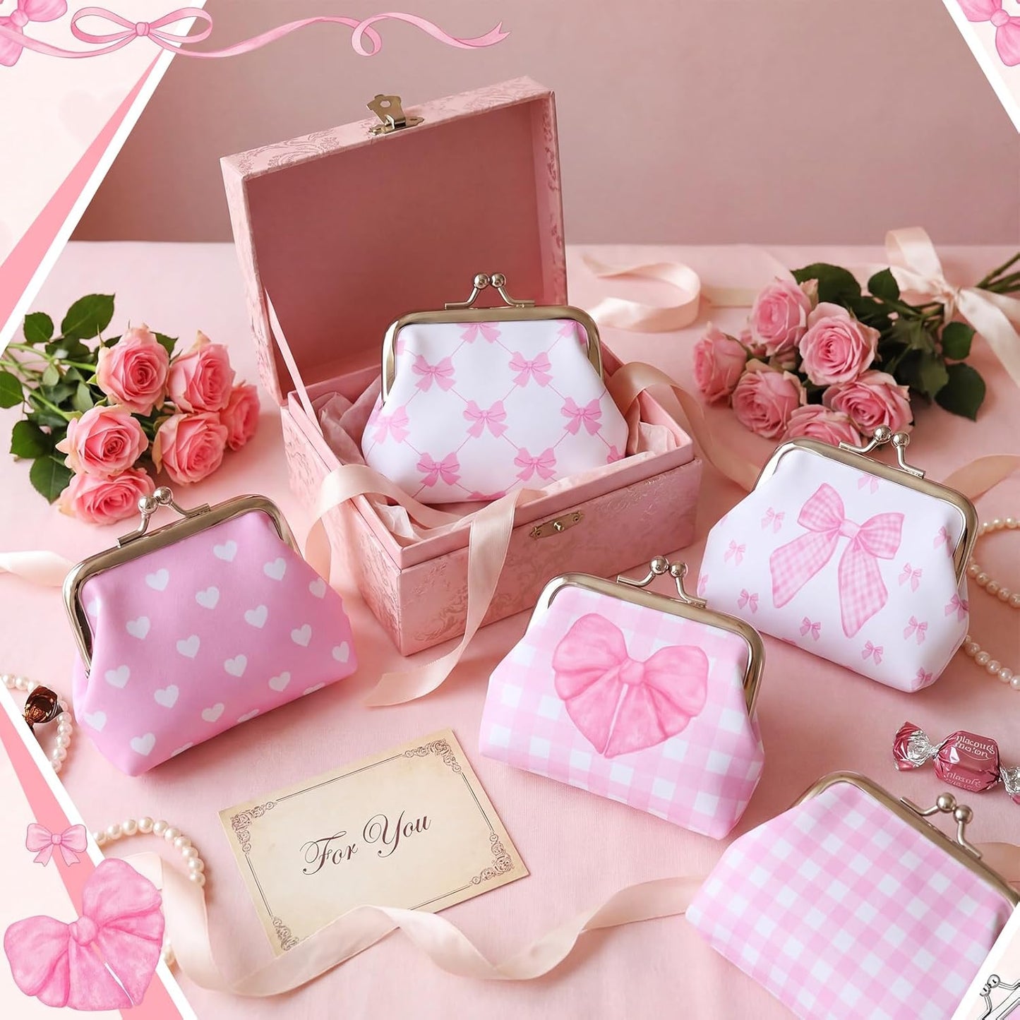 HOTRoowest 20 Pack Pink Bow Coin Purse Bulk Cute Clasp Kiss Lock Pouch Mini Wallet Party Favors for Girls Women Bachelorette Birthday Slumber Party Goodie Bag Stuffers Aesthetic Accessories